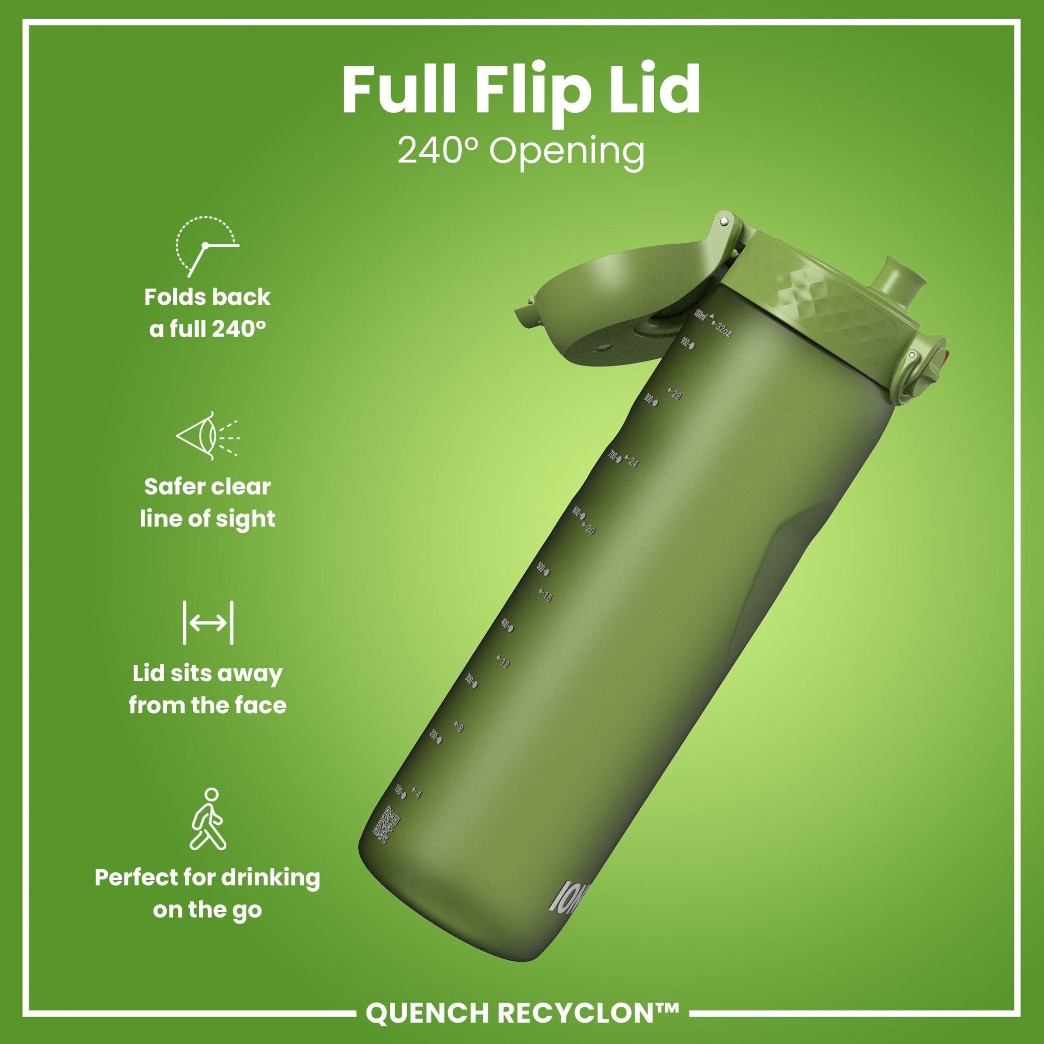 Ion8 Recyclon 1L water bottle in khaki green, leak-proof design with a durable, recyclable plastic body.
