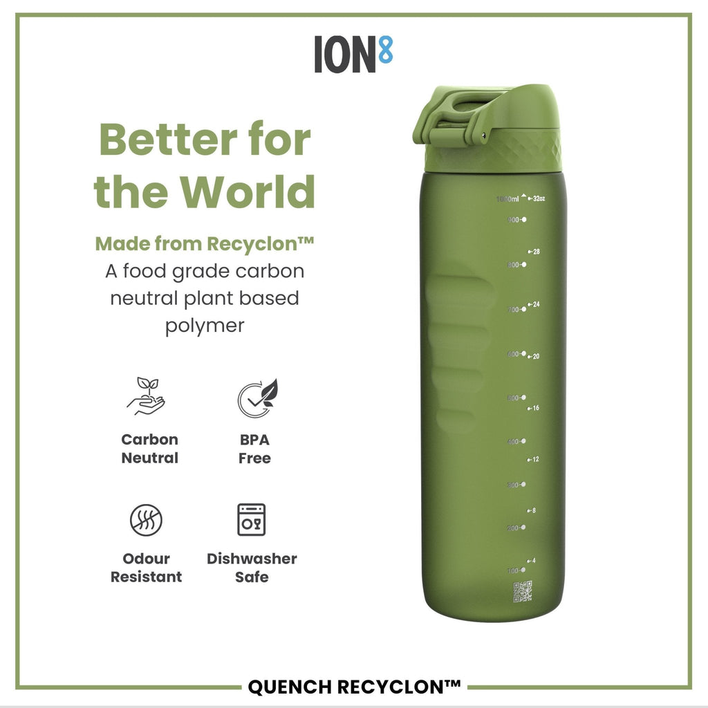 Ion8 Leak Proof 1L Recyclon water bottle in khaki green, made from recyclable materials, with a secure lid and ergonomic design.