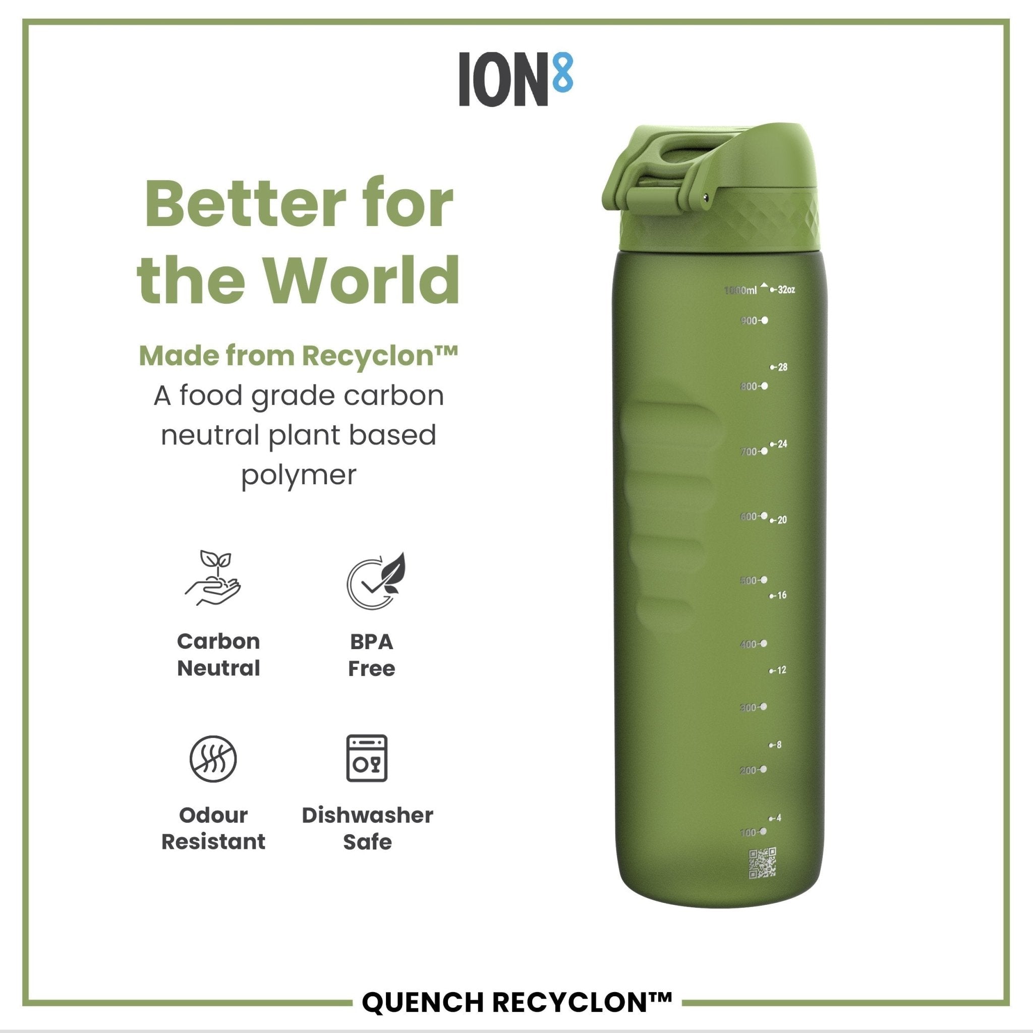Ion8 Leak Proof 1L Recyclon water bottle in khaki green, made from recyclable materials, with a secure lid and ergonomic design.