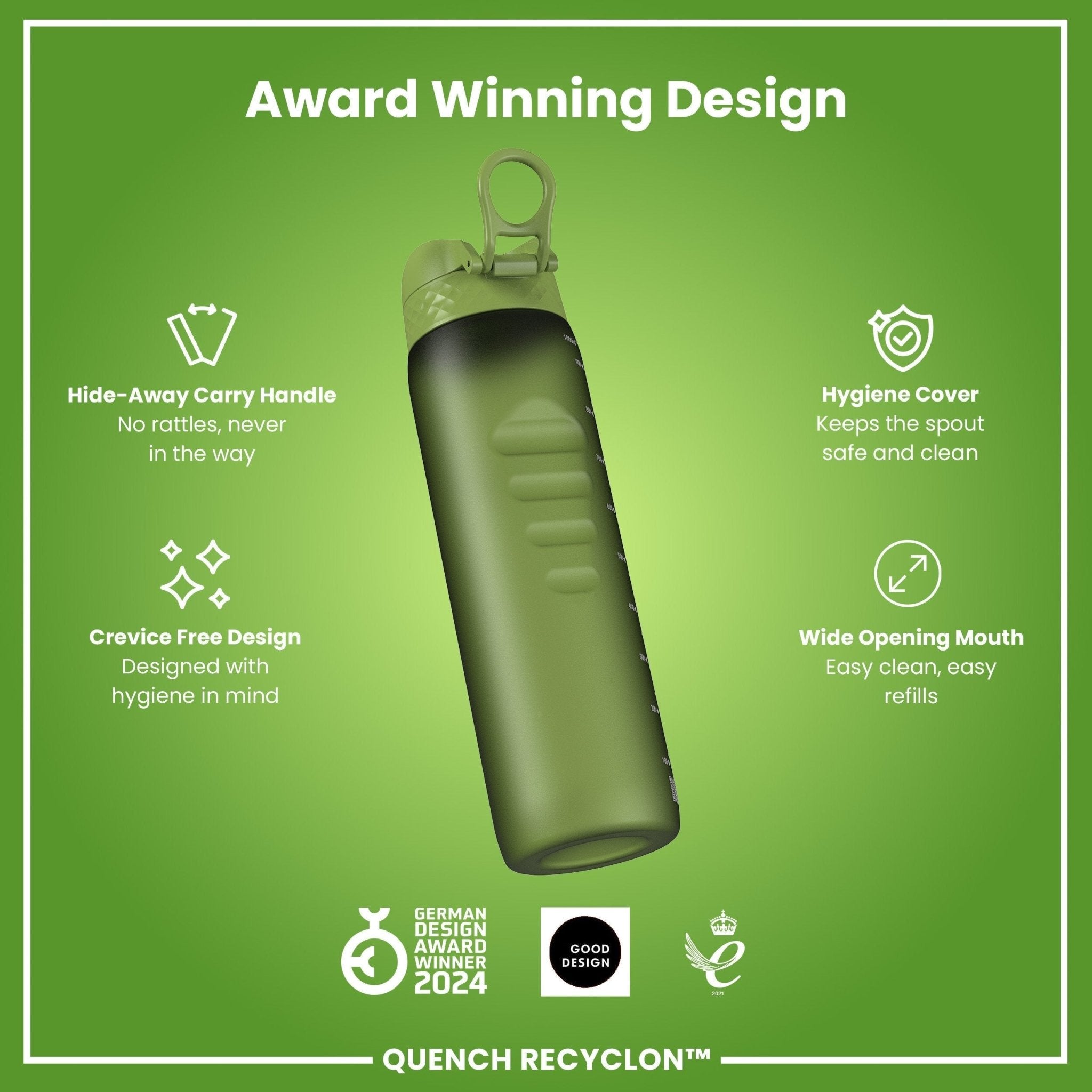 Recyclon 1L leak-proof water bottle by ION8 in khaki green, made for durable, eco-friendly hydration.