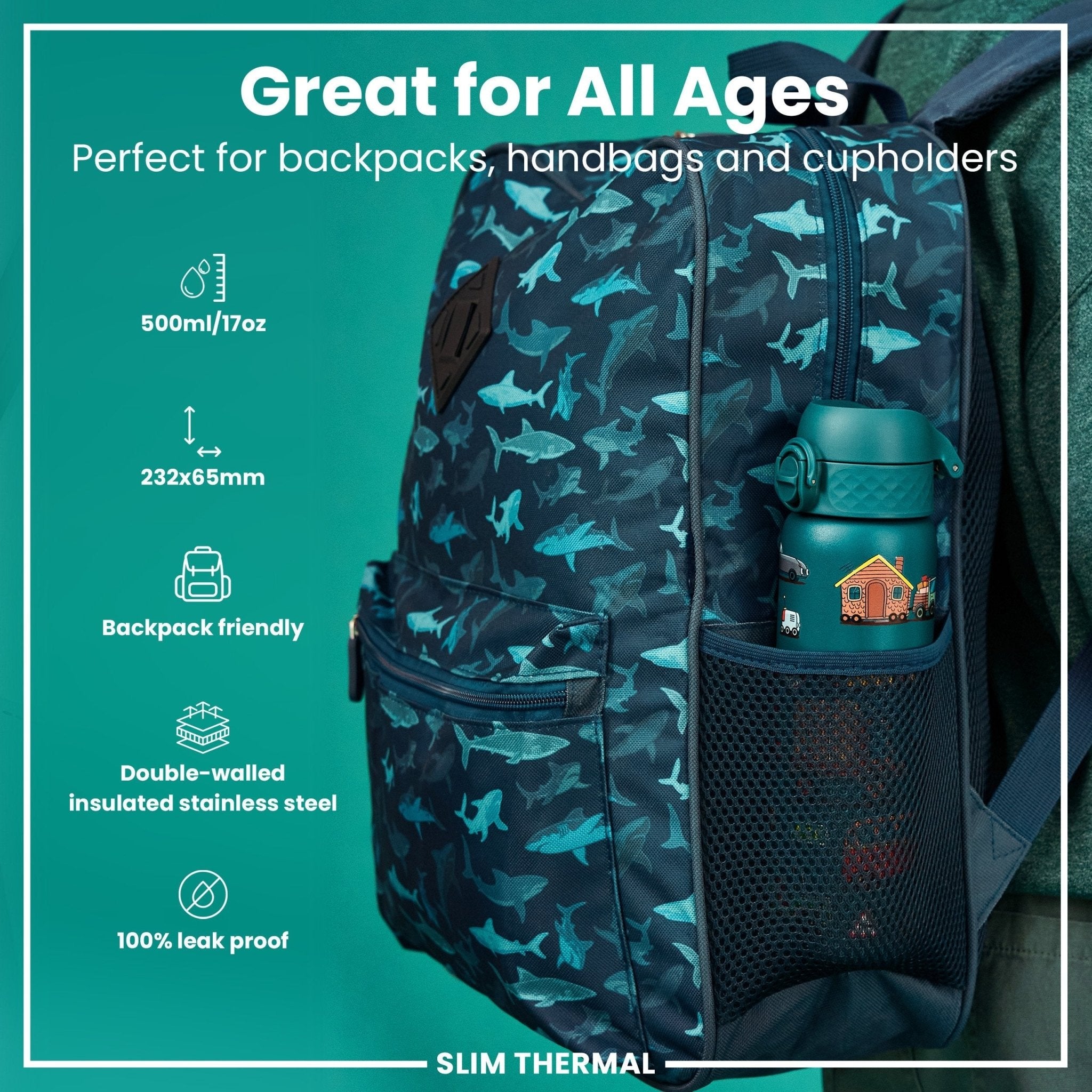 Ion8 leak-proof slim thermal steel water bottle, 500ml insulated water bottle with auto design, durable and portable for on-the-go hydration.