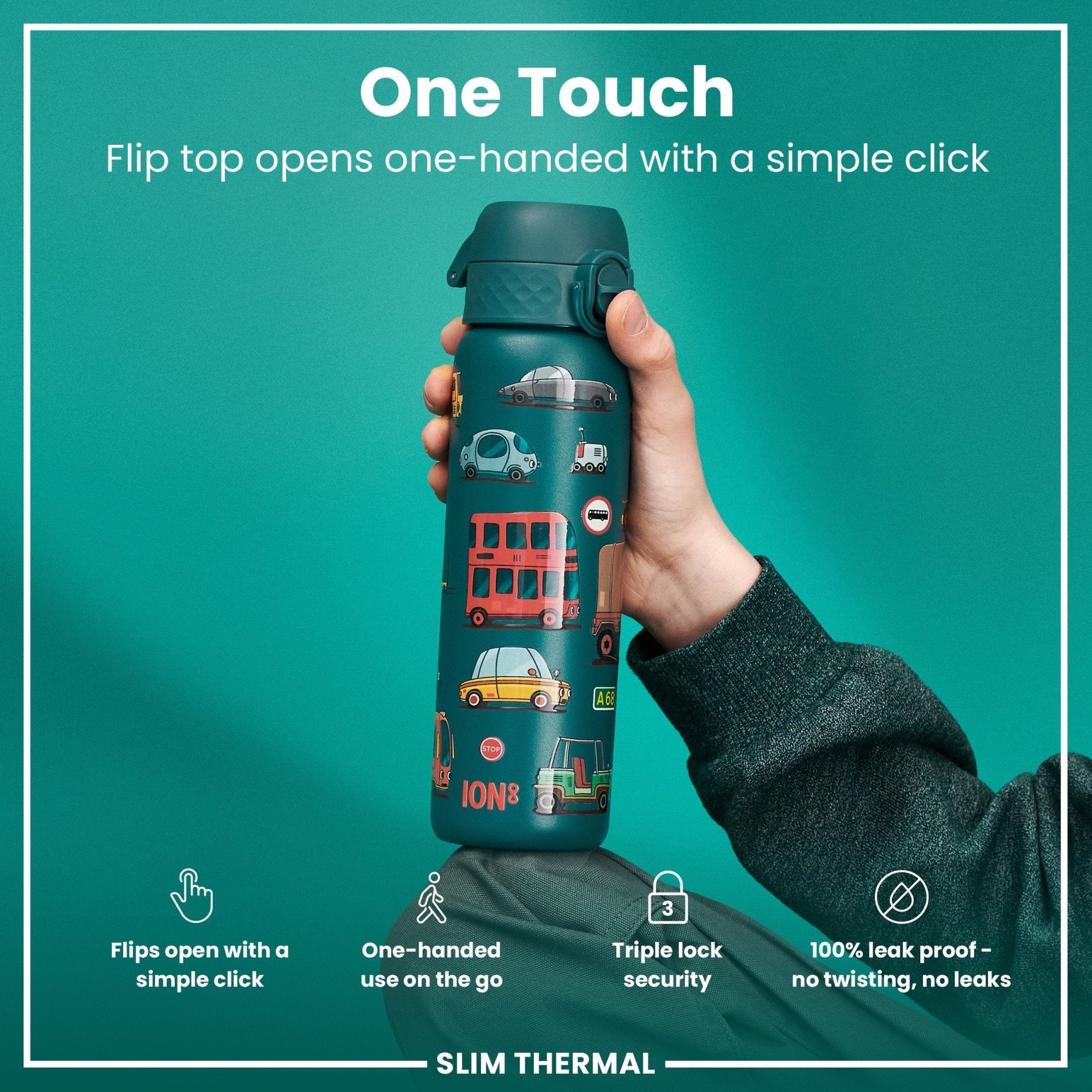 Ion8 leak-proof slim thermal steel water bottle, 500ml insulated water bottle for automobiles, durable and spill-resistant.