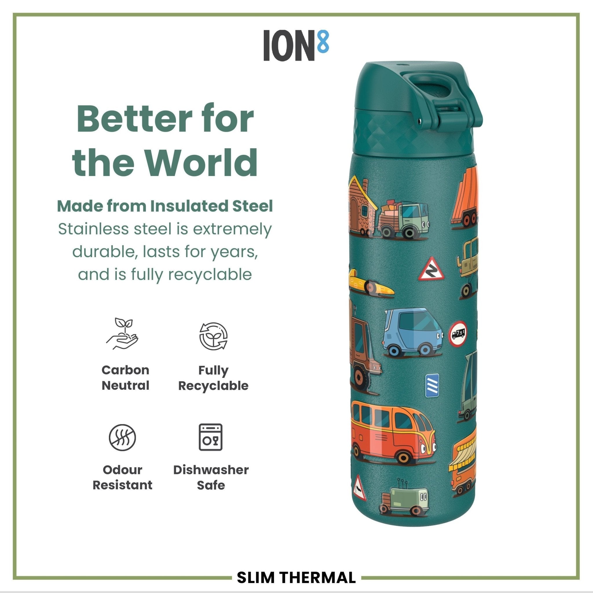 ION8 leak-proof slim thermal steel water bottle, 500ml insulated water bottle with automotive design and durable stainless steel finish