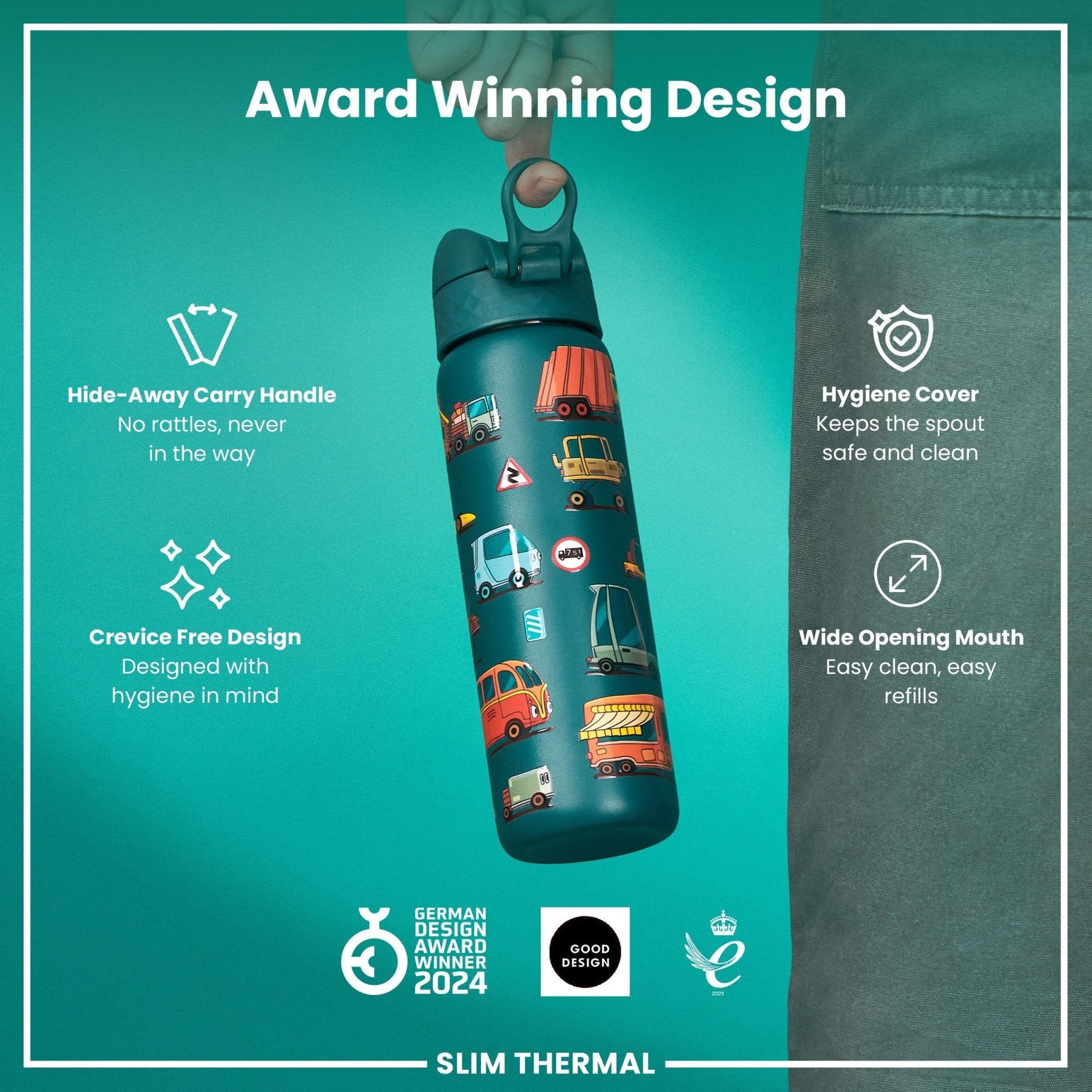Ion8 leak-proof slim thermal steel water bottle with 500ml capacity, insulated and portable for automobiles and travel.