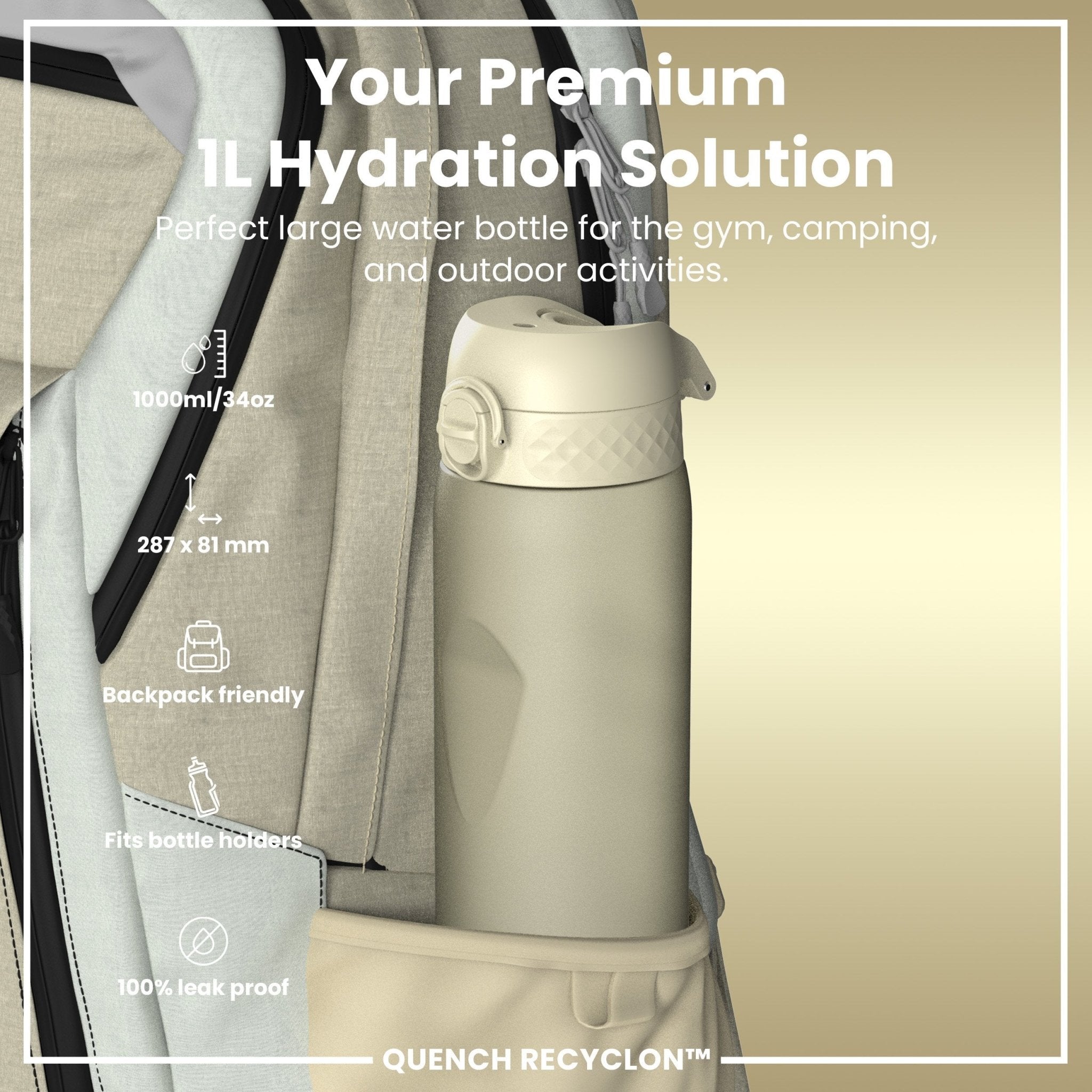 Ion8 Leak Proof 1L Recyclon water bottle in creamy white, durable and eco-friendly for everyday hydration.