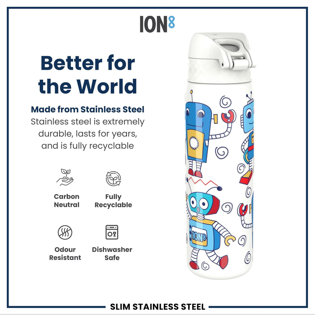 Ion8 leak-proof stainless steel water bottle with robot design, 600ml (20oz), durable and reusable steel water bottle for daily hydration.