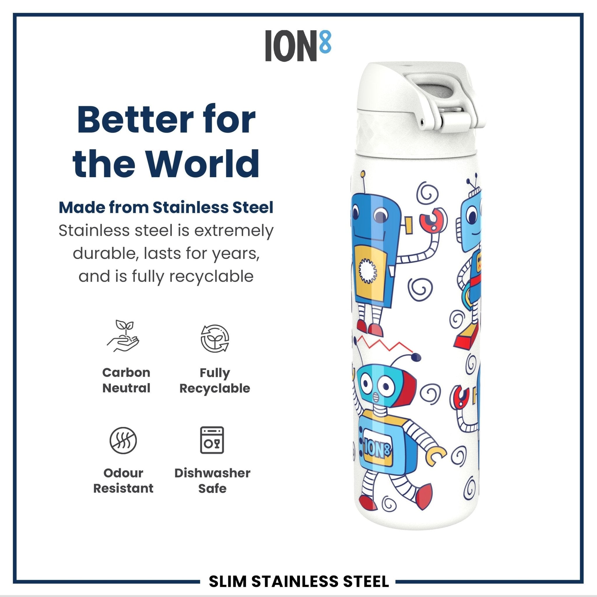 Ion8 leak-proof stainless steel water bottle with robot design, 600ml (20oz), durable and reusable steel water bottle for daily hydration.