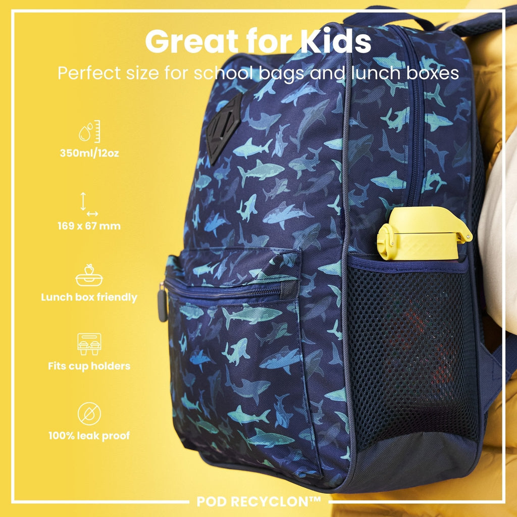 ION8 Recyclon leak-proof kids water bottle featuring Baby Lions design, 350ml capacity, made of durable, recyclable materials.