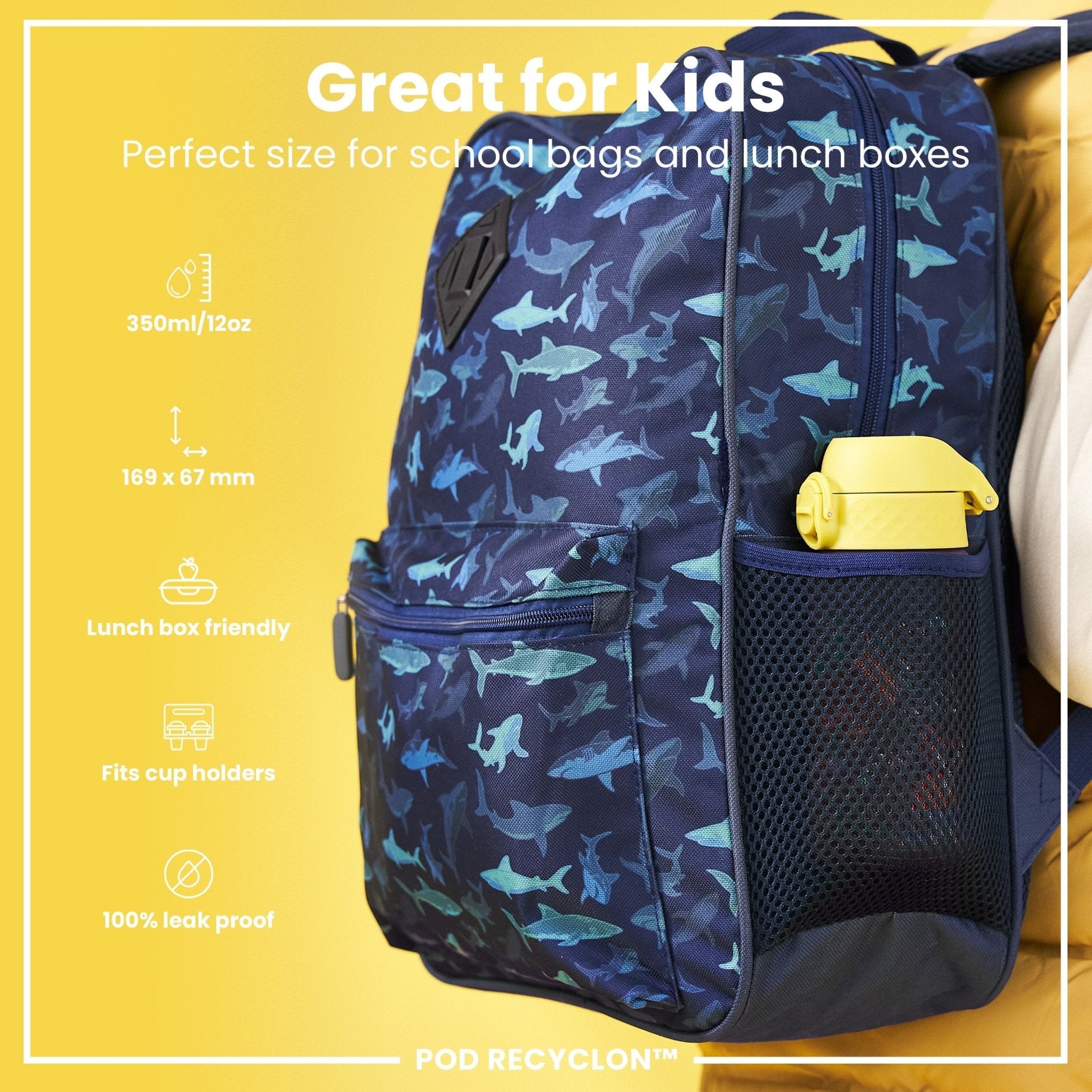 ION8 Recyclon leak-proof kids water bottle featuring Baby Lions design, 350ml capacity, made of durable, recyclable materials.