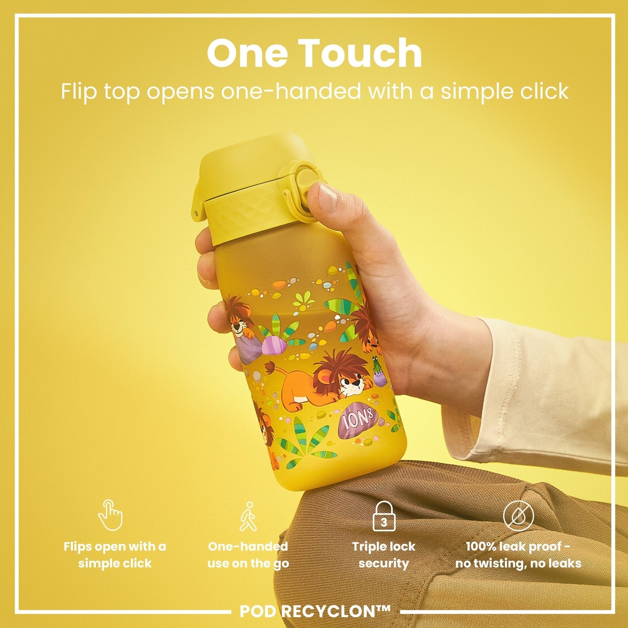 Recyclon leak-proof kids water bottle with baby lion design, 350ml capacity, made by ION8, featuring a secure, spill-resistant lid.