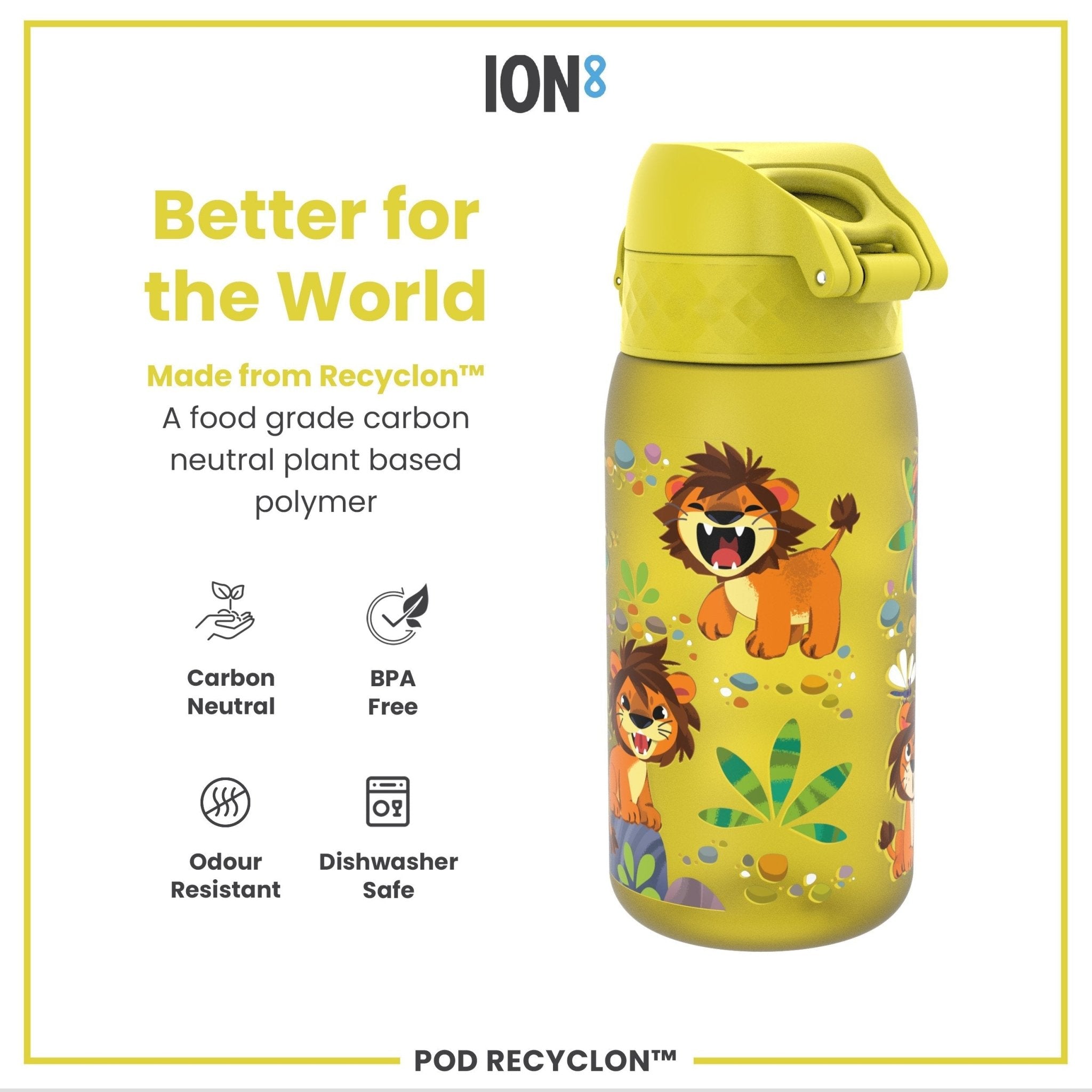 Recyclon Leak Proof Kids Water Bottle by ION8 with baby lion design, 350ml (12oz) reusable water bottle for children.