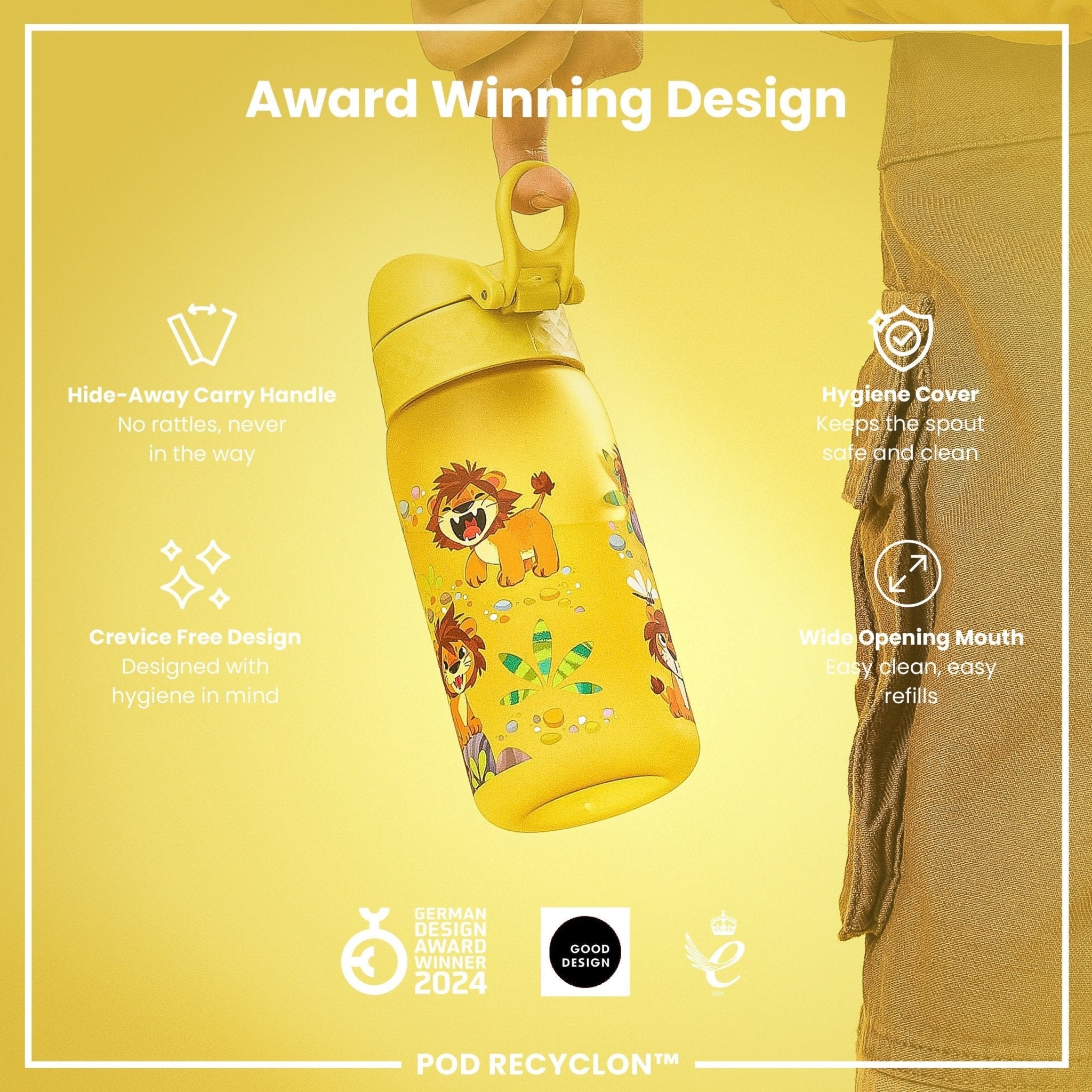Ion8 Leak Proof Kids Water Bottle with Baby Lions design, 350ml recyclable Recyclon water bottle for children.