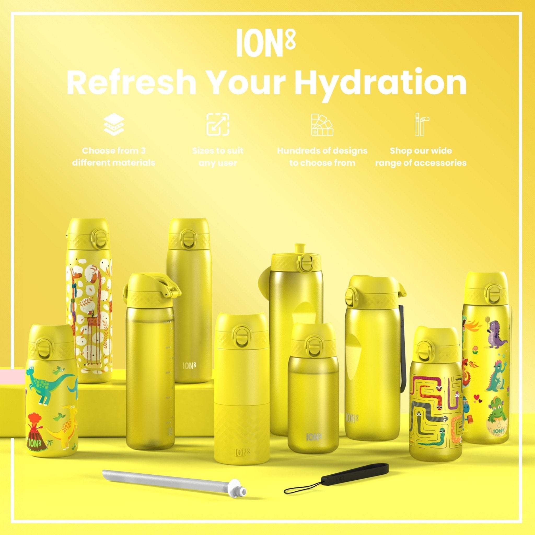 Recyclon Leak Proof Kids Water Bottle by ION8 featuring Baby Lions design, 350ml (12oz) with secure lid and colorful graphics.