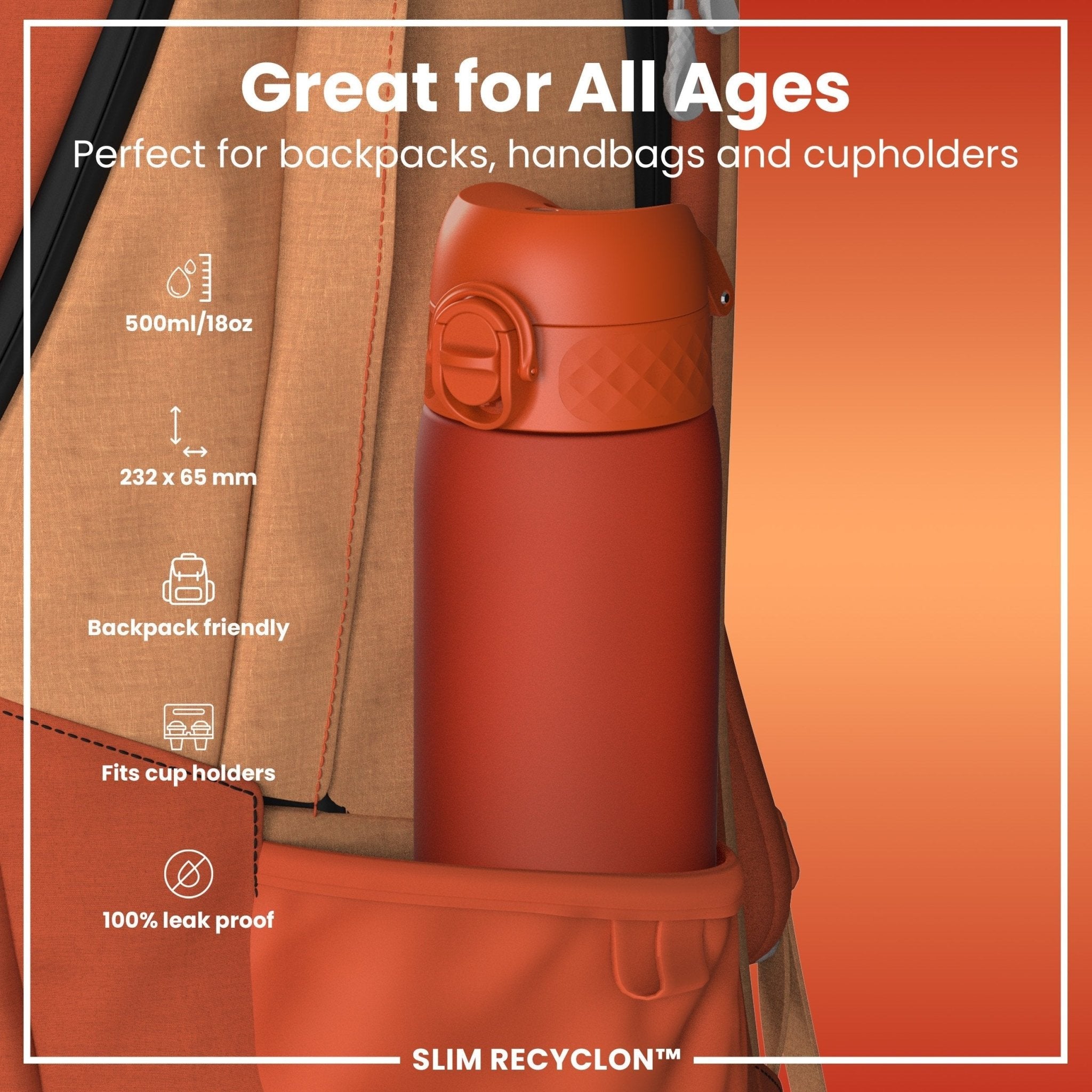 Ion8 Leak Proof Slim Water Bottle in Hearty Orange, 500ml, made of recyclable materials, featuring a secure lid and sleek design.