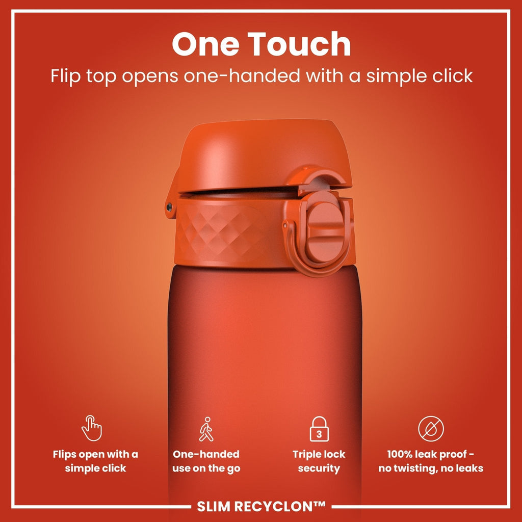 Recyclon Leak Proof Slim Water Bottle by ION8 in Hearty Orange, 500ml (18oz), with a clear view of the sleek, portable design.