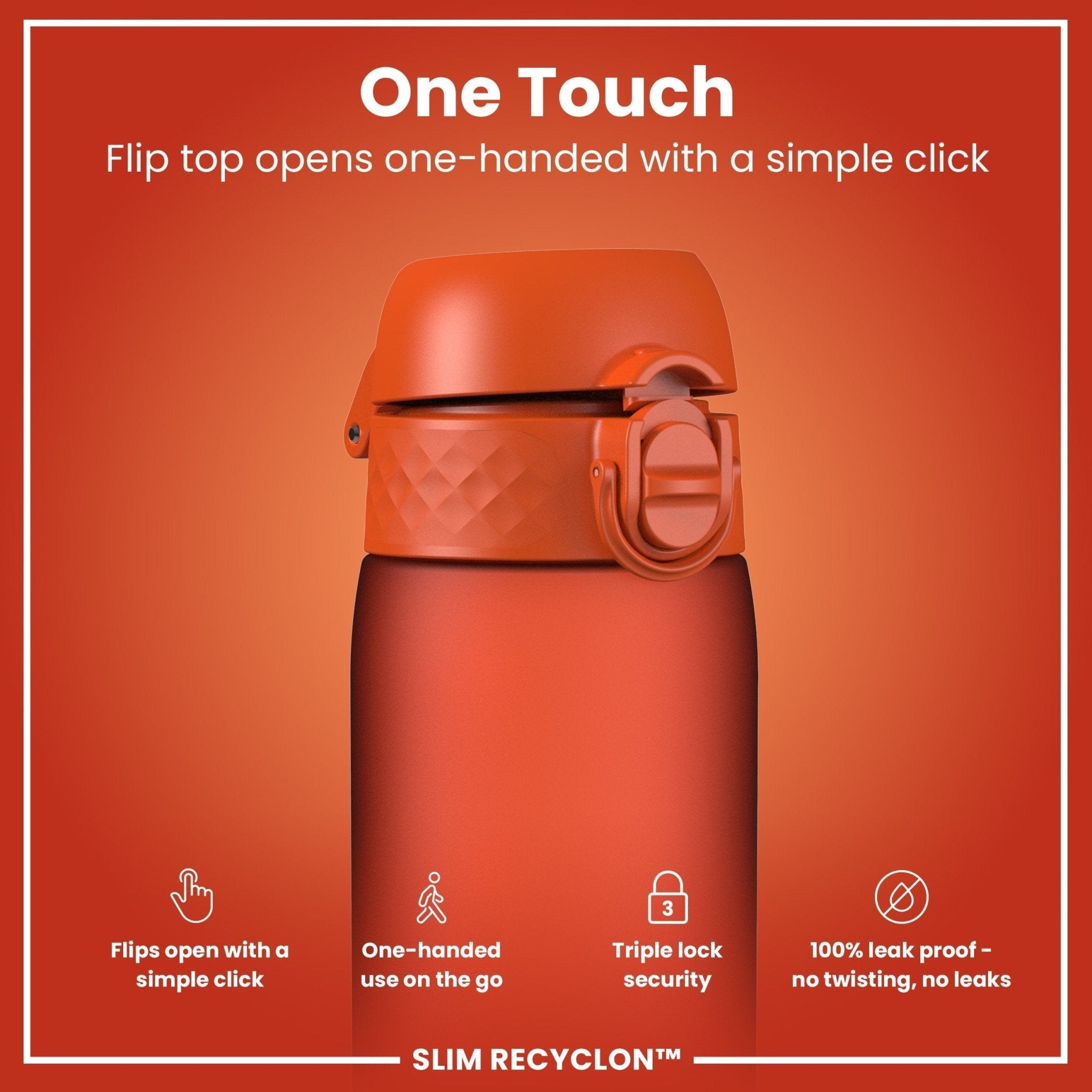 Recyclon Leak Proof Slim Water Bottle by ION8 in Hearty Orange, 500ml (18oz), with a clear view of the sleek, portable design.