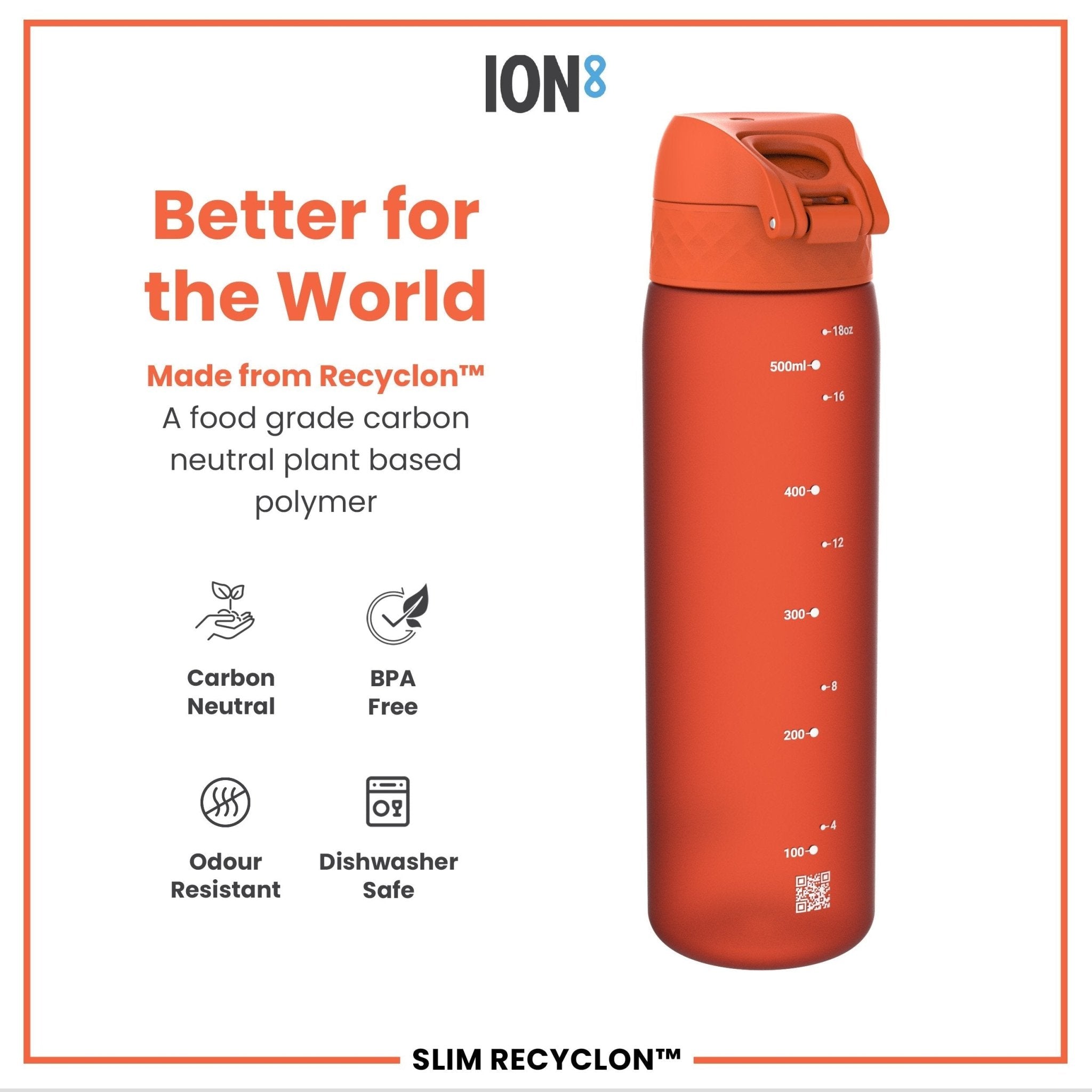 Ion8 Recyclon leak-proof slim water bottle in Hearty Orange, 500ml (18oz), with a sleek design and secure lid.
