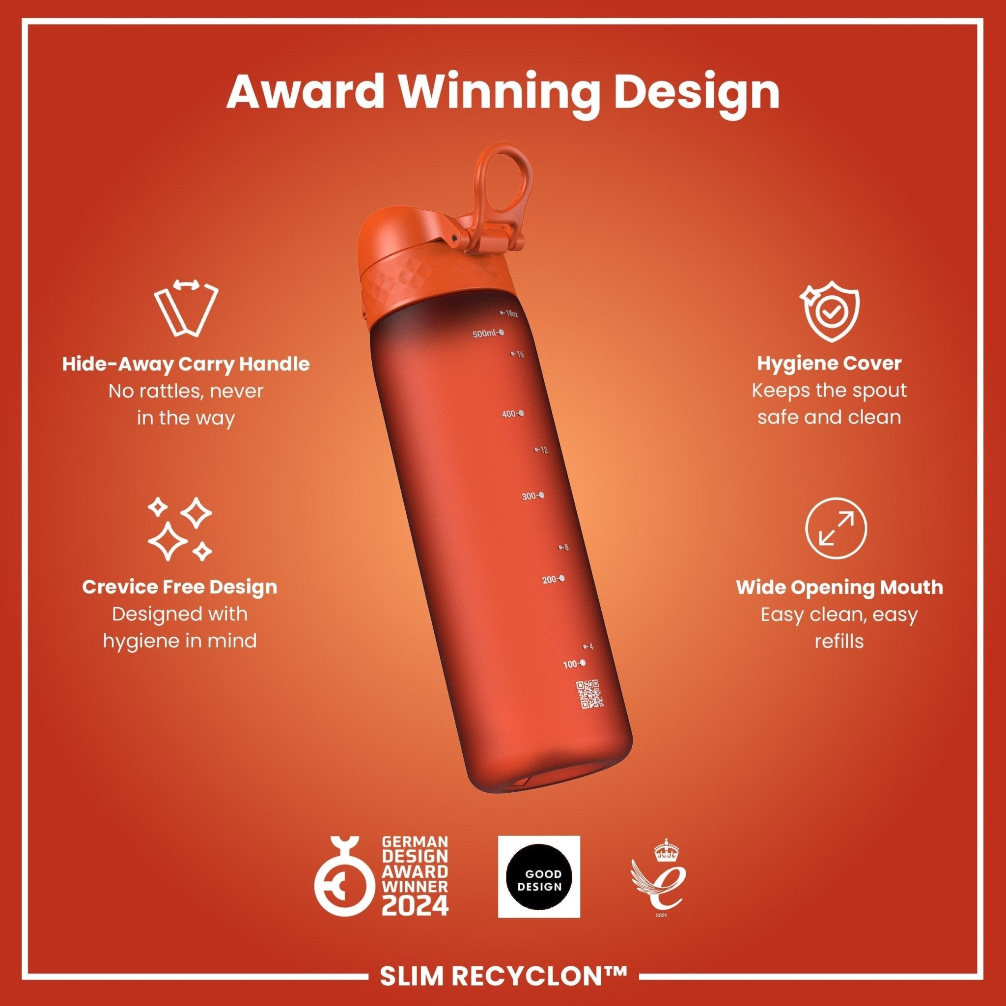 Recyclon leak-proof slim water bottle by ION8 in hearty orange, 500ml (18oz) with a sleek design and secure cap.