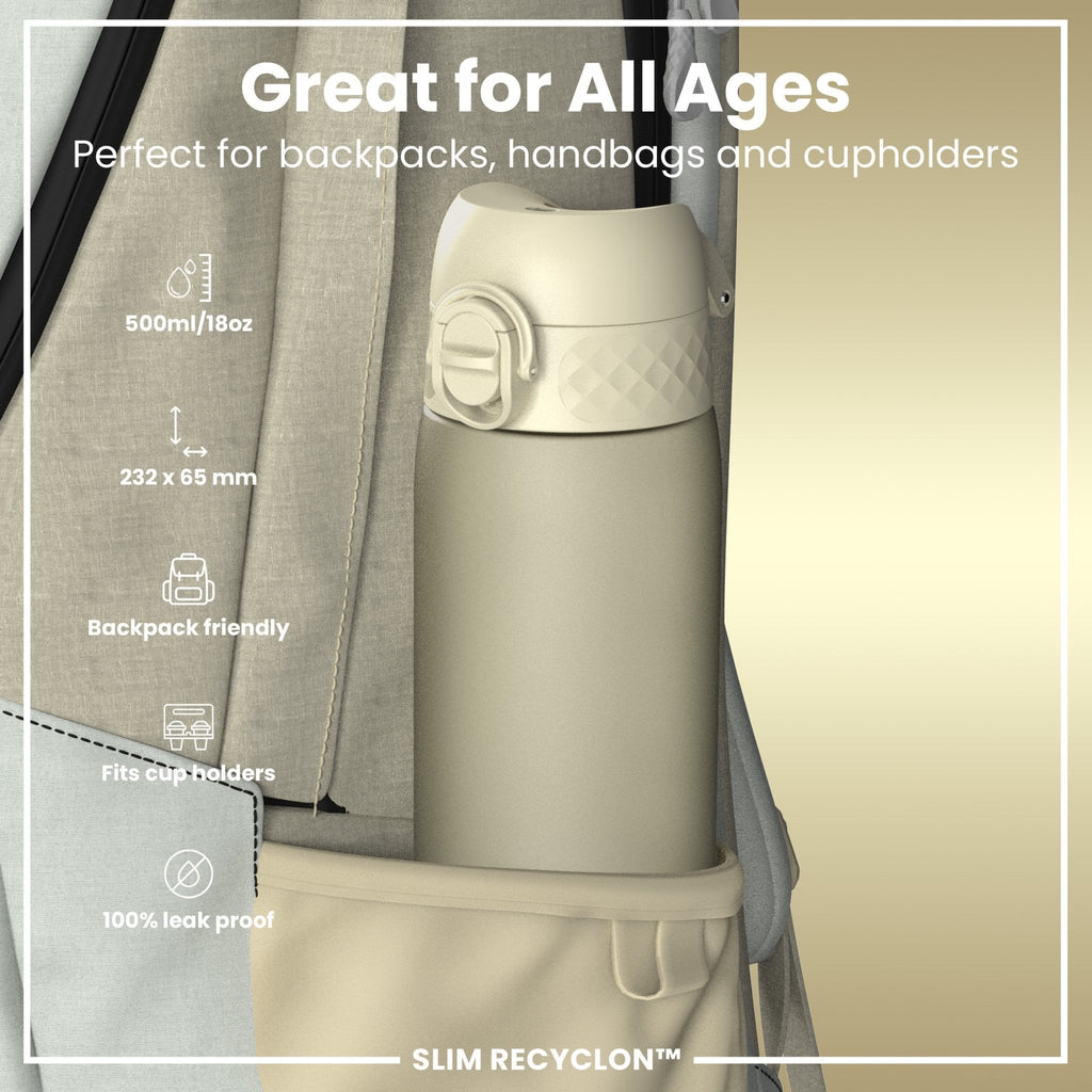 Creamy white 500ml ION8 Recyclon leak-proof slim water bottle with secure lid, designed for portable hydration.