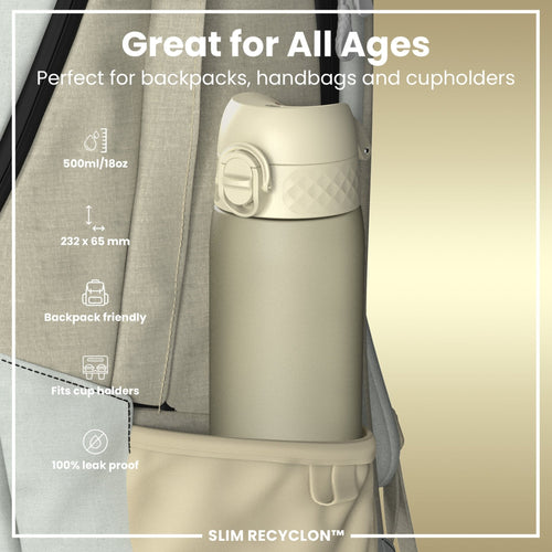 Creamy white 500ml ION8 Recyclon leak-proof slim water bottle with secure lid, designed for portable hydration.