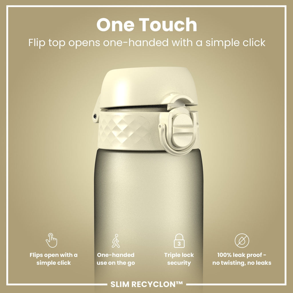 ION8 Recyclon leak-proof slim water bottle in creamy white, 500ml (18oz) with a secure lid and sleek design.