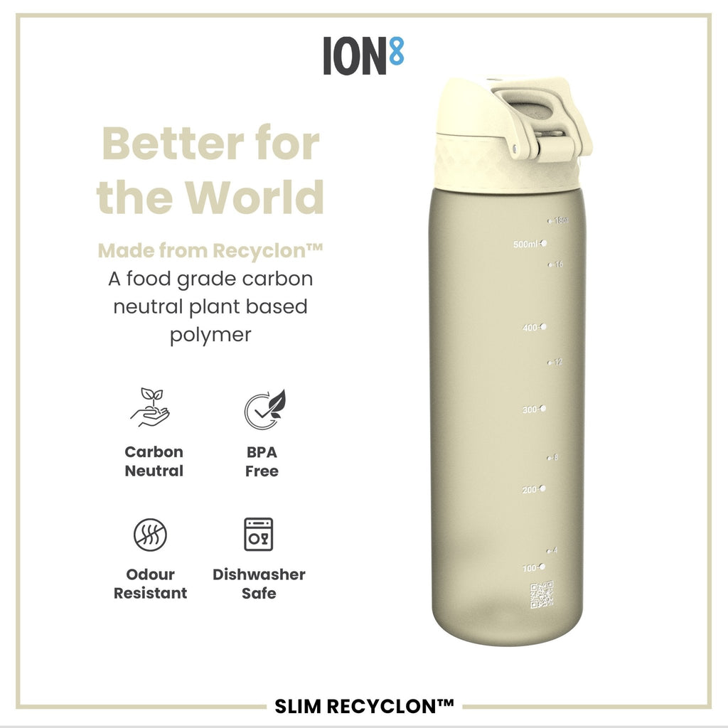 Ion8 Leak Proof Slim Water Bottle in creamy white, 500ml, made of recyclable material, featuring a sleek design and secure lid.