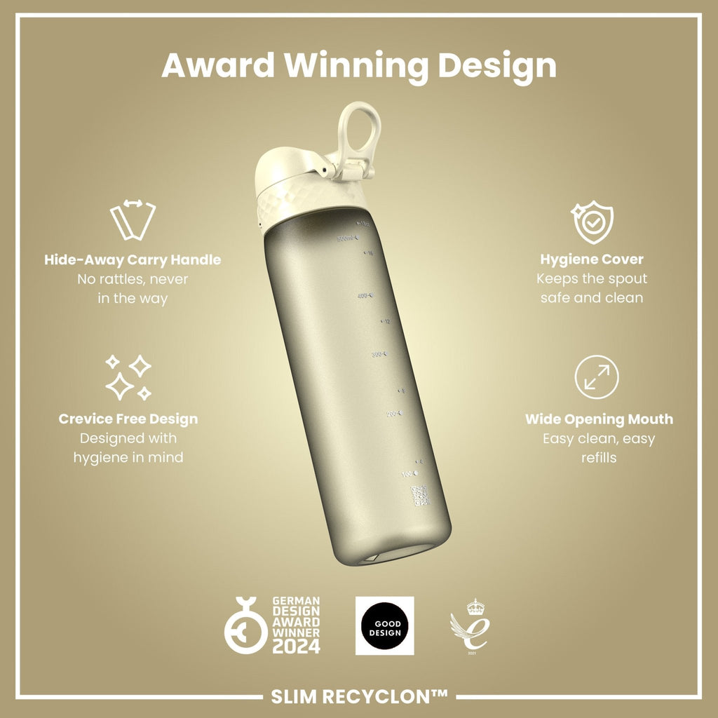 Recyclon leak-proof slim water bottle by ION8, 500ml creamy white plastic with secure lid for portable hydration.