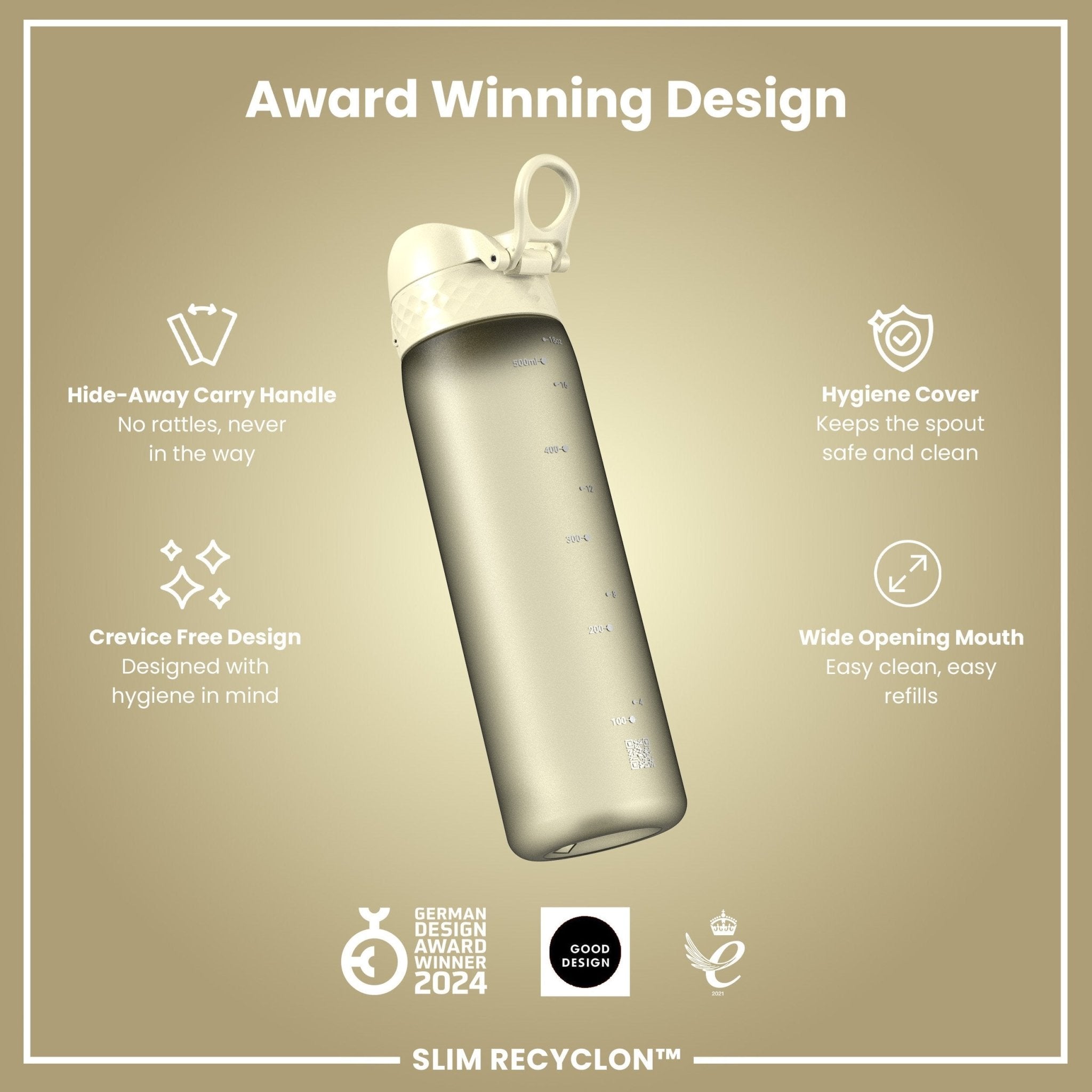 Recyclon leak-proof slim water bottle by ION8, 500ml creamy white plastic with secure lid for portable hydration.