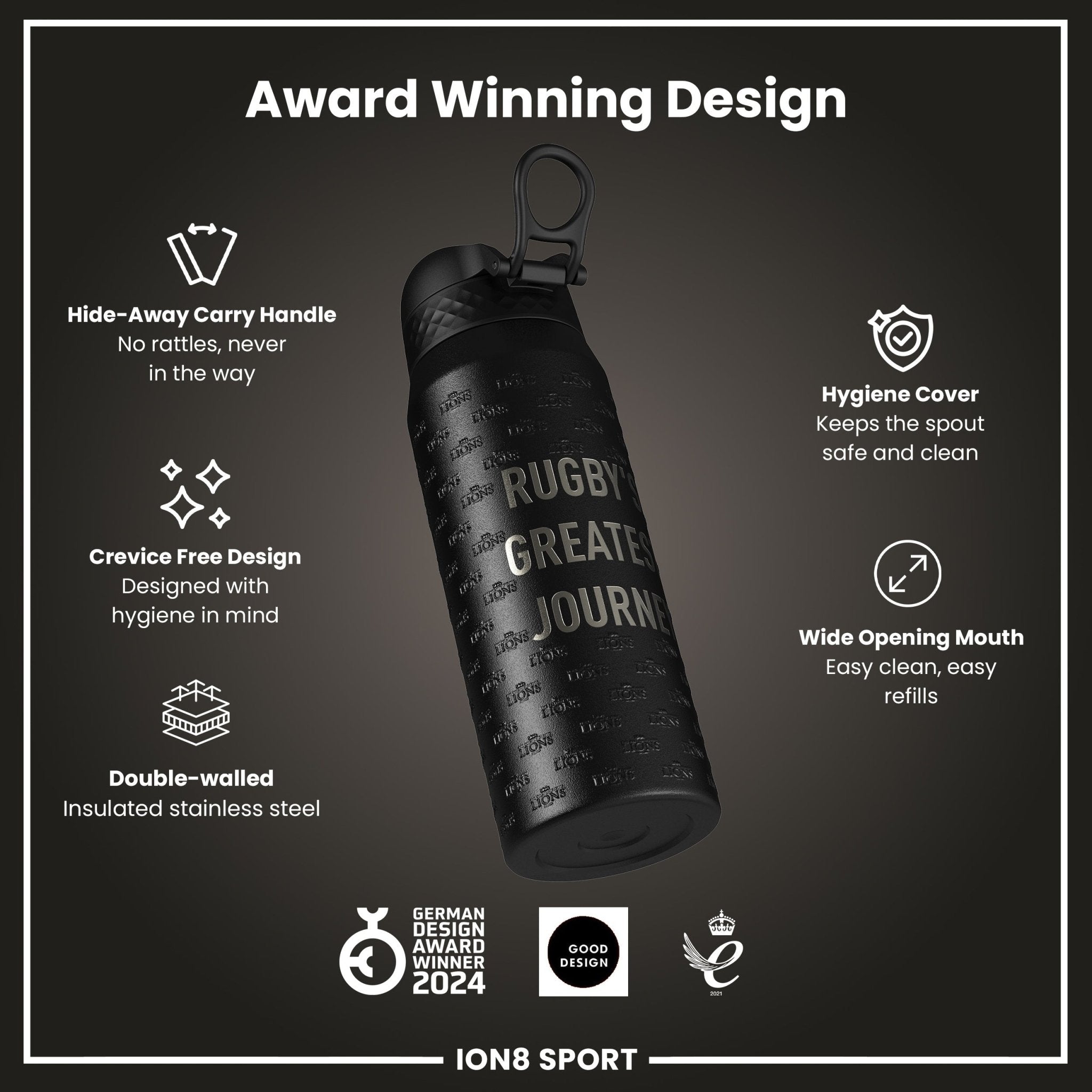 British & Irish Lions ION8 insulated steel water bottle, 750ml, rugged design for rugby fans, keeps drinks hot or cold.