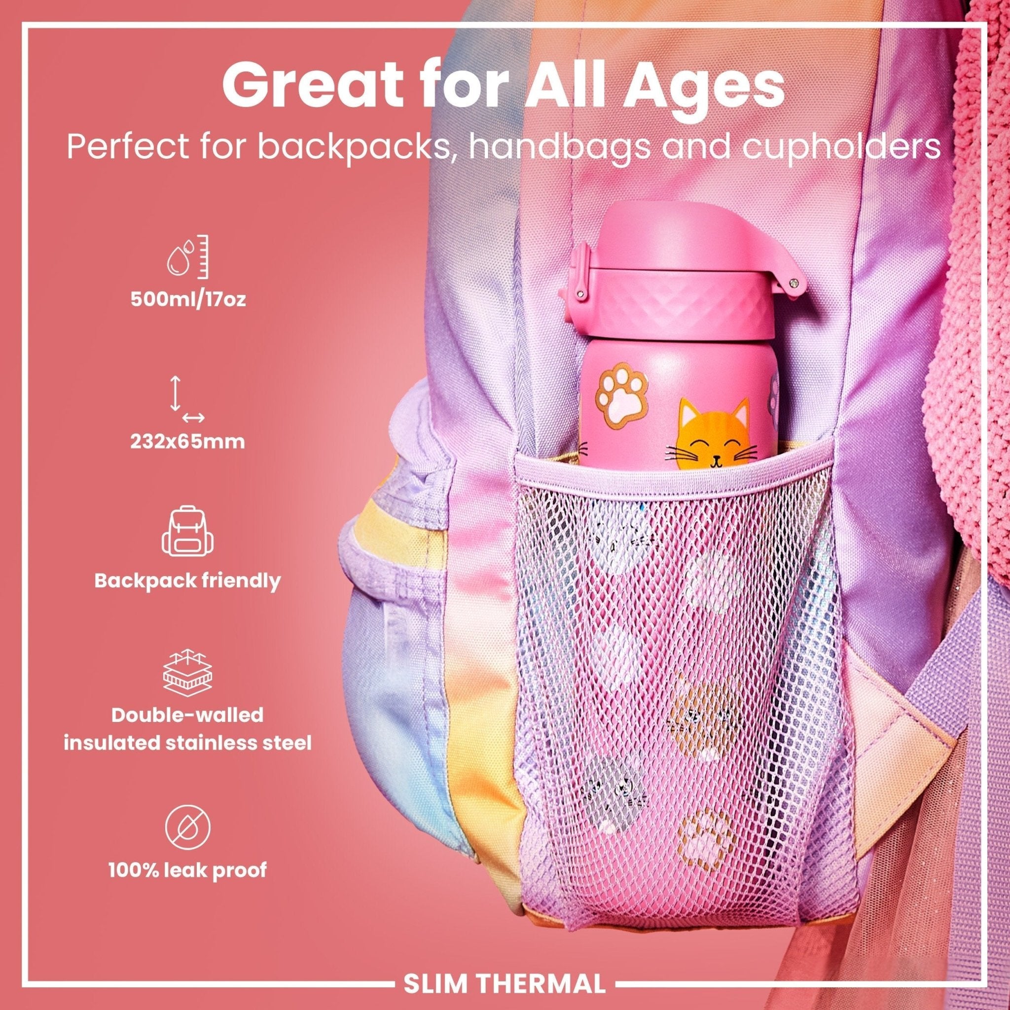 Ion8 leak-proof slim thermal steel water bottle with cat design, insulated 500ml (17oz) for hot and cold beverages.