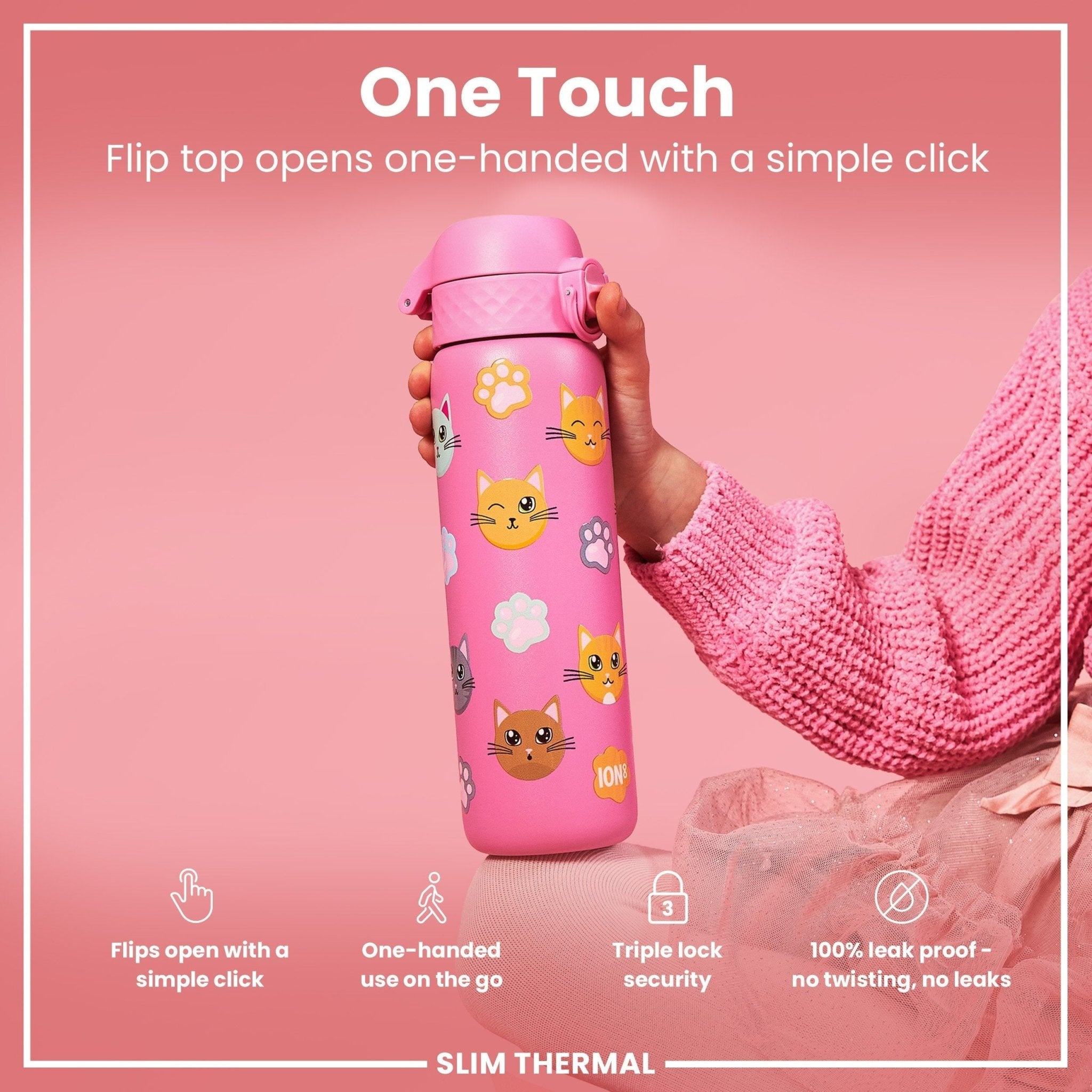 Ion8 leak-proof slim thermal steel water bottle with cat design, insulated 500ml (17oz) for hot and cold beverages.