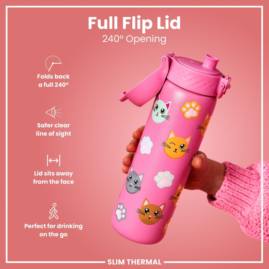 ION8 leak-proof slim thermal steel water bottle with cat design, insulated 500ml (17oz) for hot and cold drinks.