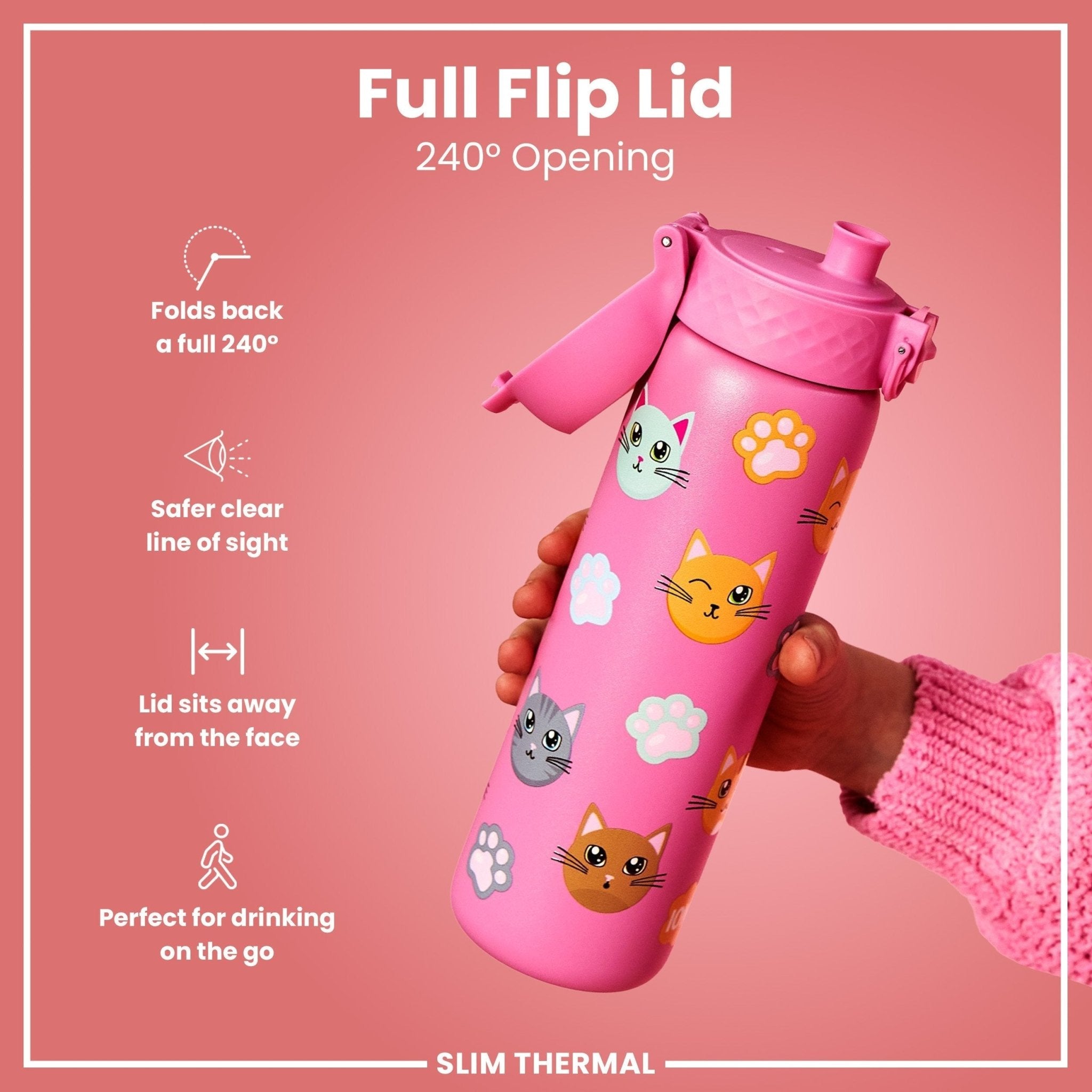 ION8 leak-proof slim thermal steel water bottle with cat design, insulated 500ml (17oz) for hot and cold drinks.