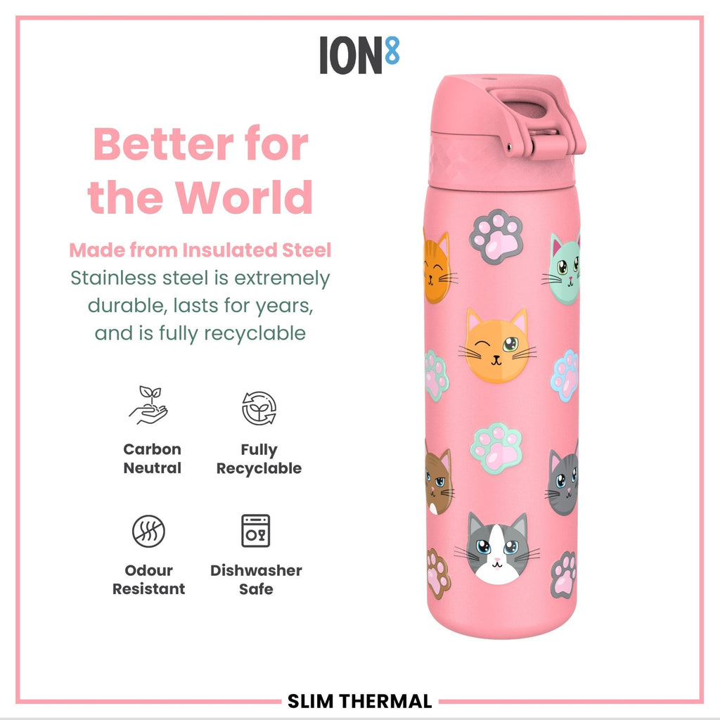 ION8 leak-proof slim thermal steel water bottle with cat design, insulated 500ml (17oz) for hot and cold beverages.
