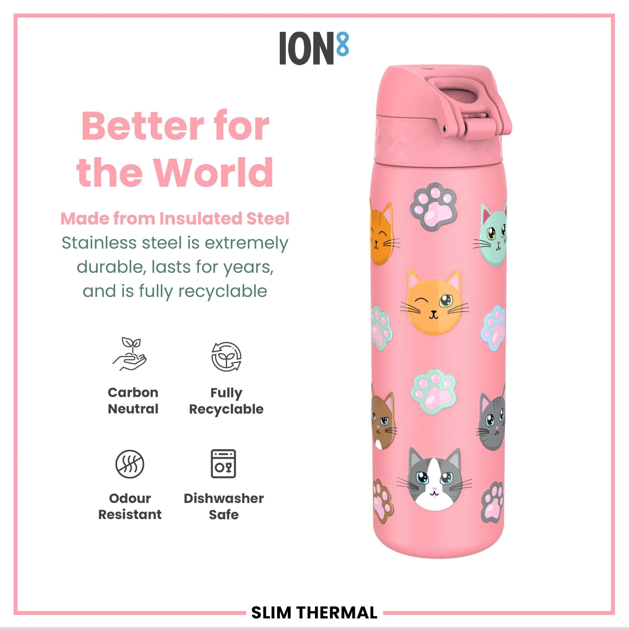 ION8 leak-proof slim thermal steel water bottle with cat design, insulated 500ml (17oz) for hot and cold beverages.