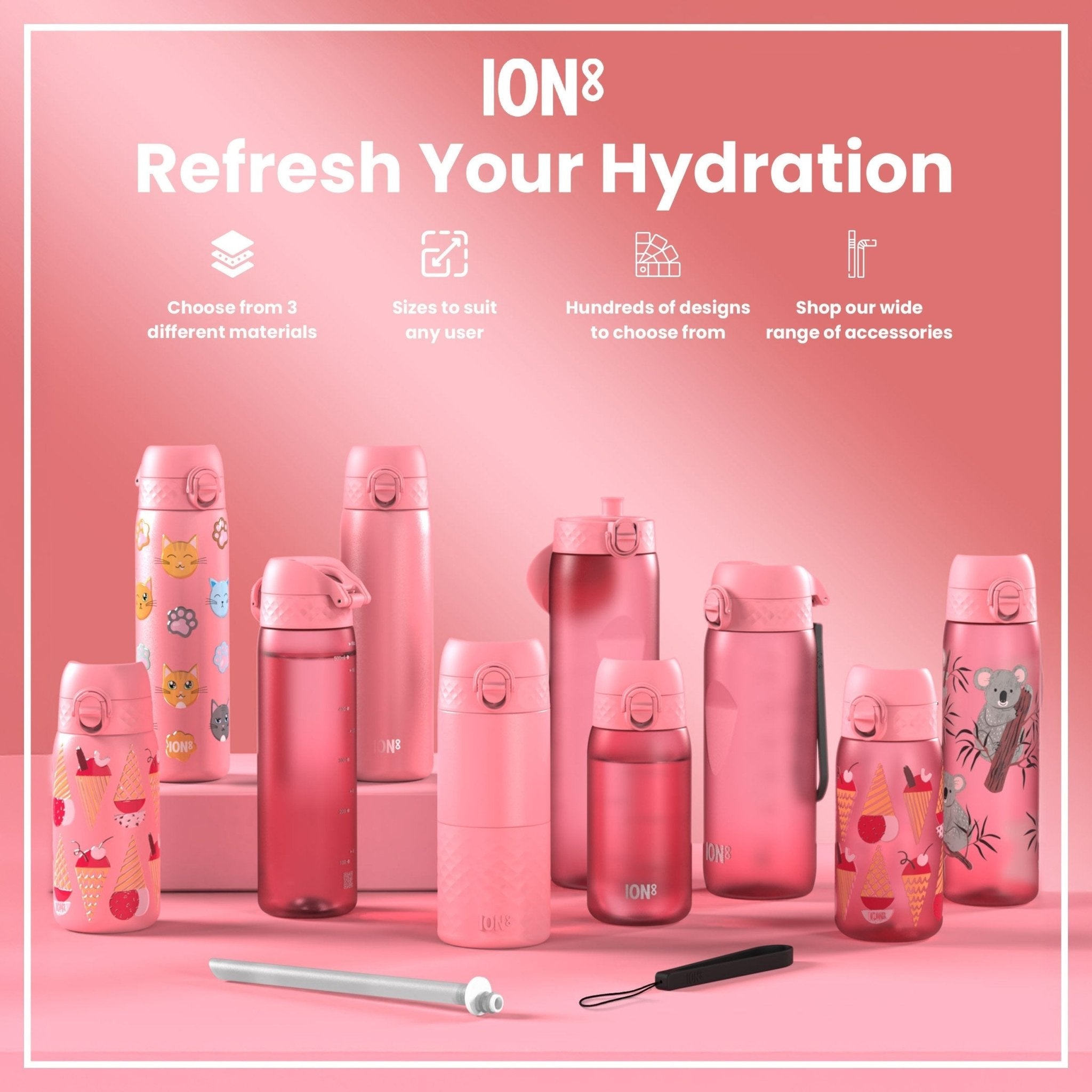 ION8 leak-proof slim thermal steel water bottle with cat design, insulated 500ml (17oz) stainless steel water bottle for hot and cold drinks