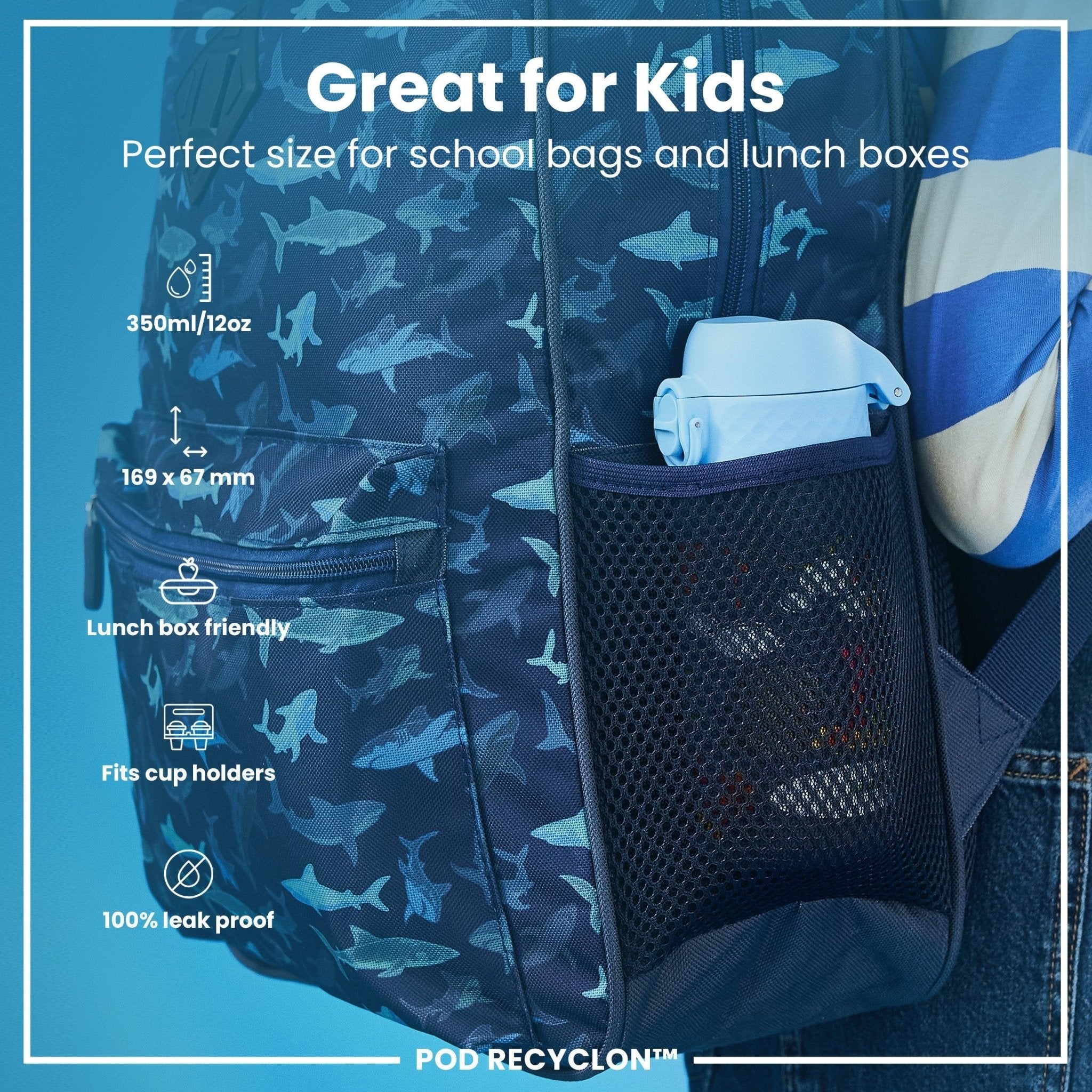 Recyclon leak-proof kids water bottle by ION8 with safari design, 350ml (12oz) capacity, made for active children.