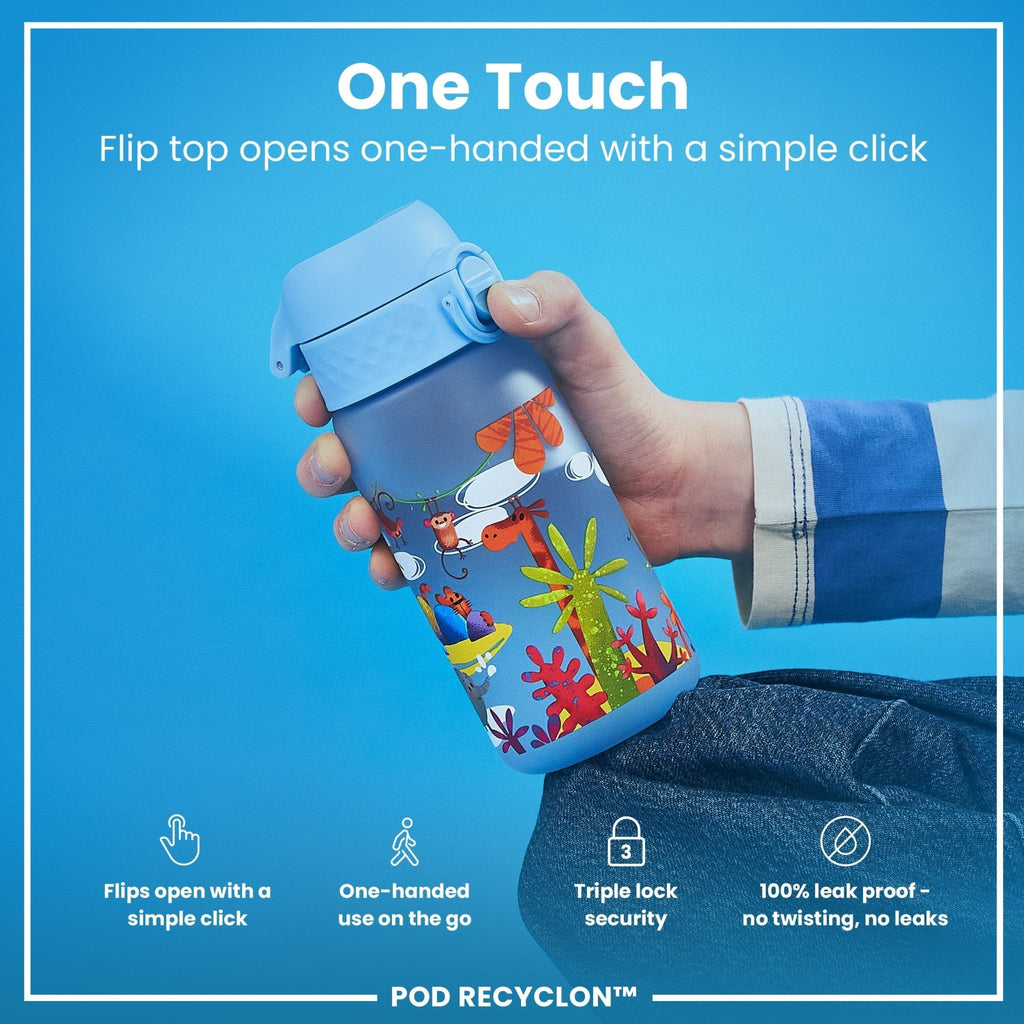 Recyclon leak-proof kids water bottle by ION8 with safari design, 350ml capacity, made from recyclable materials.