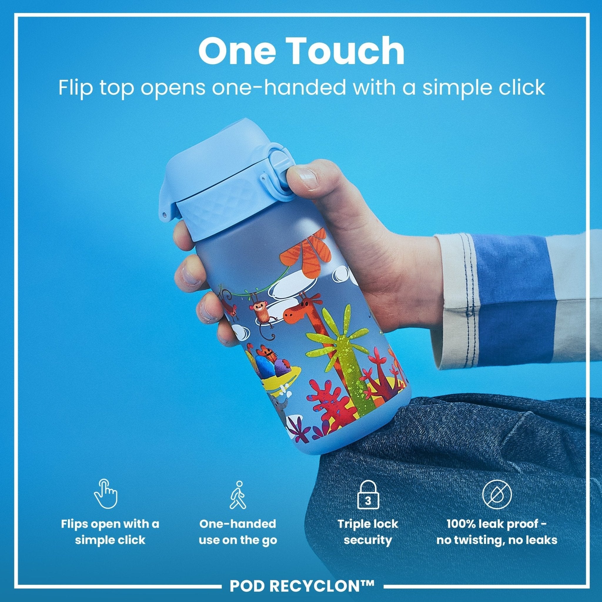 Recyclon leak-proof kids water bottle by ION8 with safari design, 350ml capacity, made from recyclable materials.
