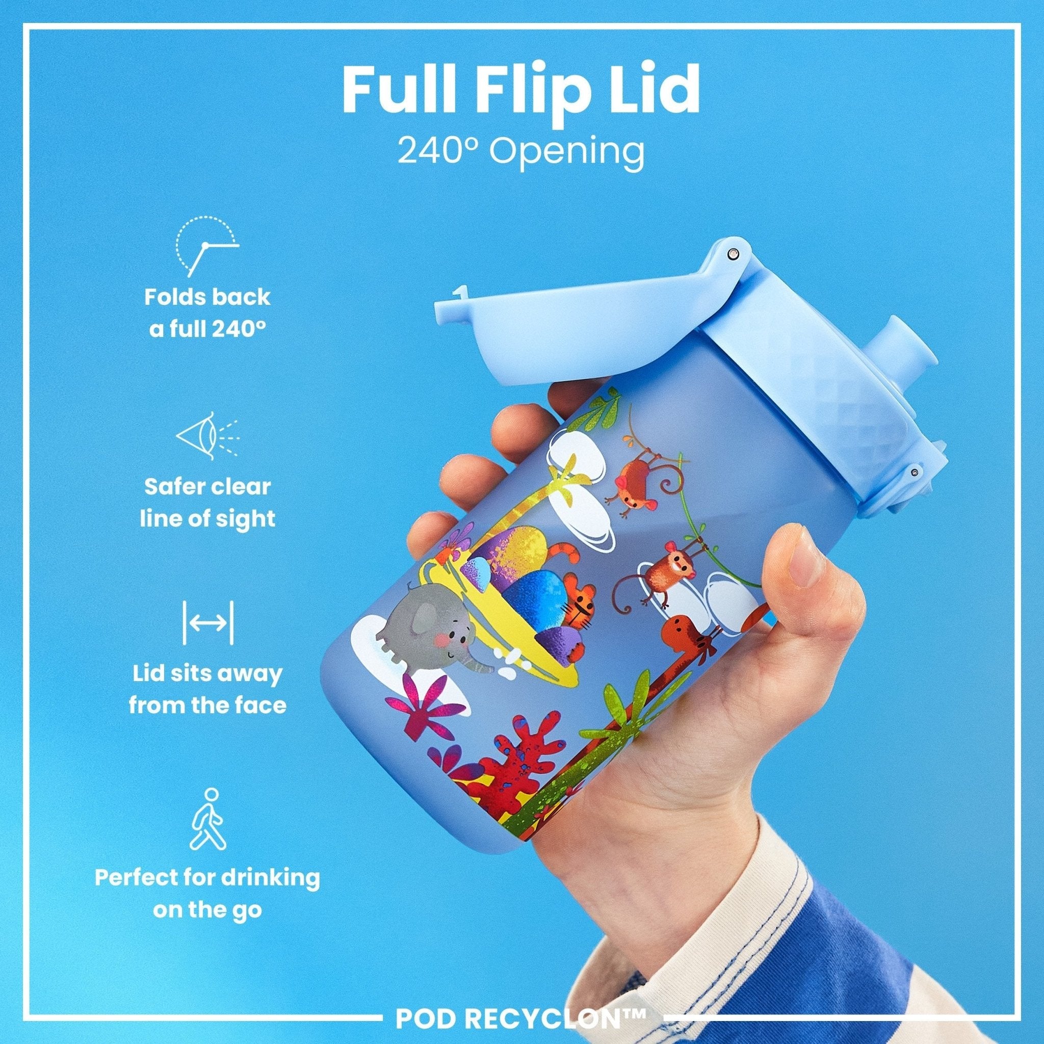 ION8 Recyclon leak-proof kids water bottle with safari design, 350ml capacity, made for easy drinking and durability.