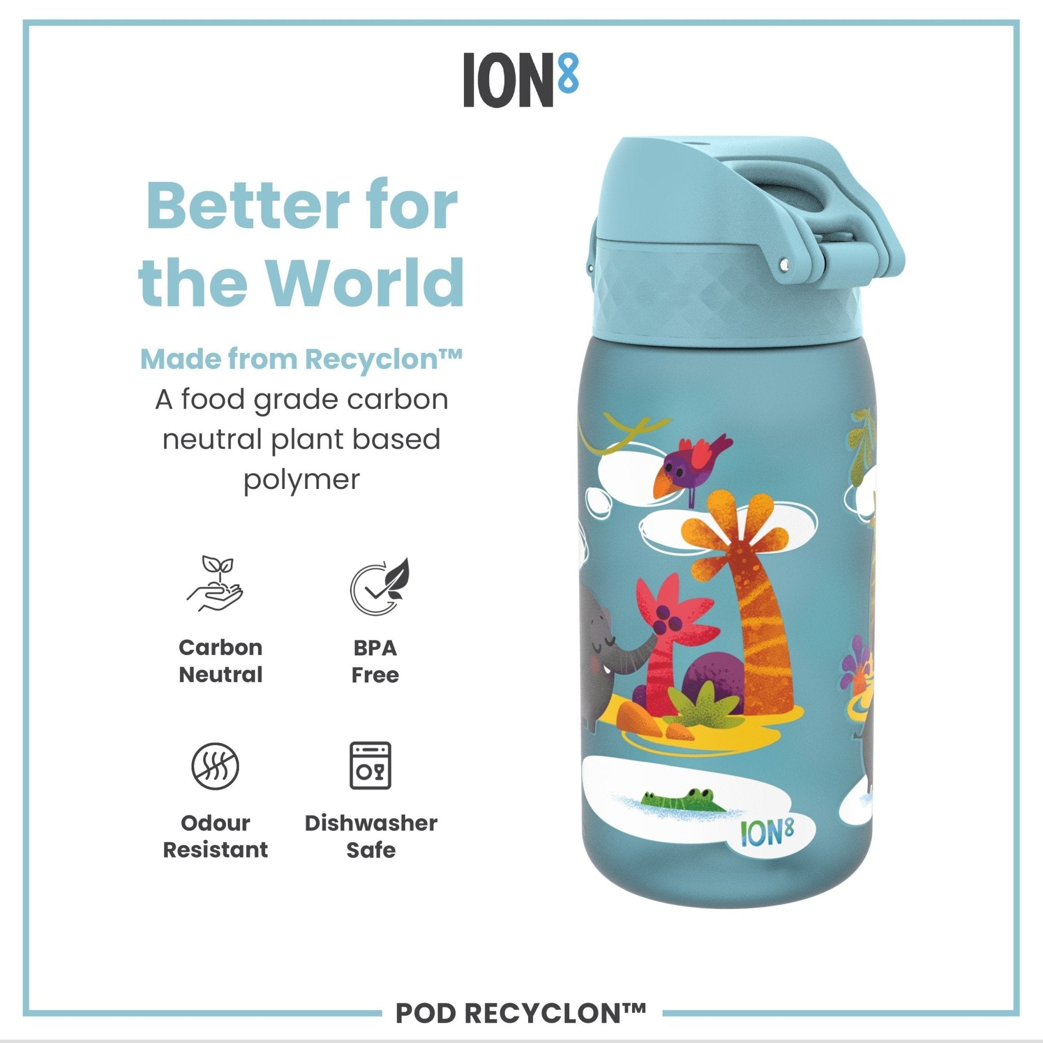 ION8 Recyclon kids water bottle with safari design, leak-proof 350ml (12oz) reusable water bottle for children.