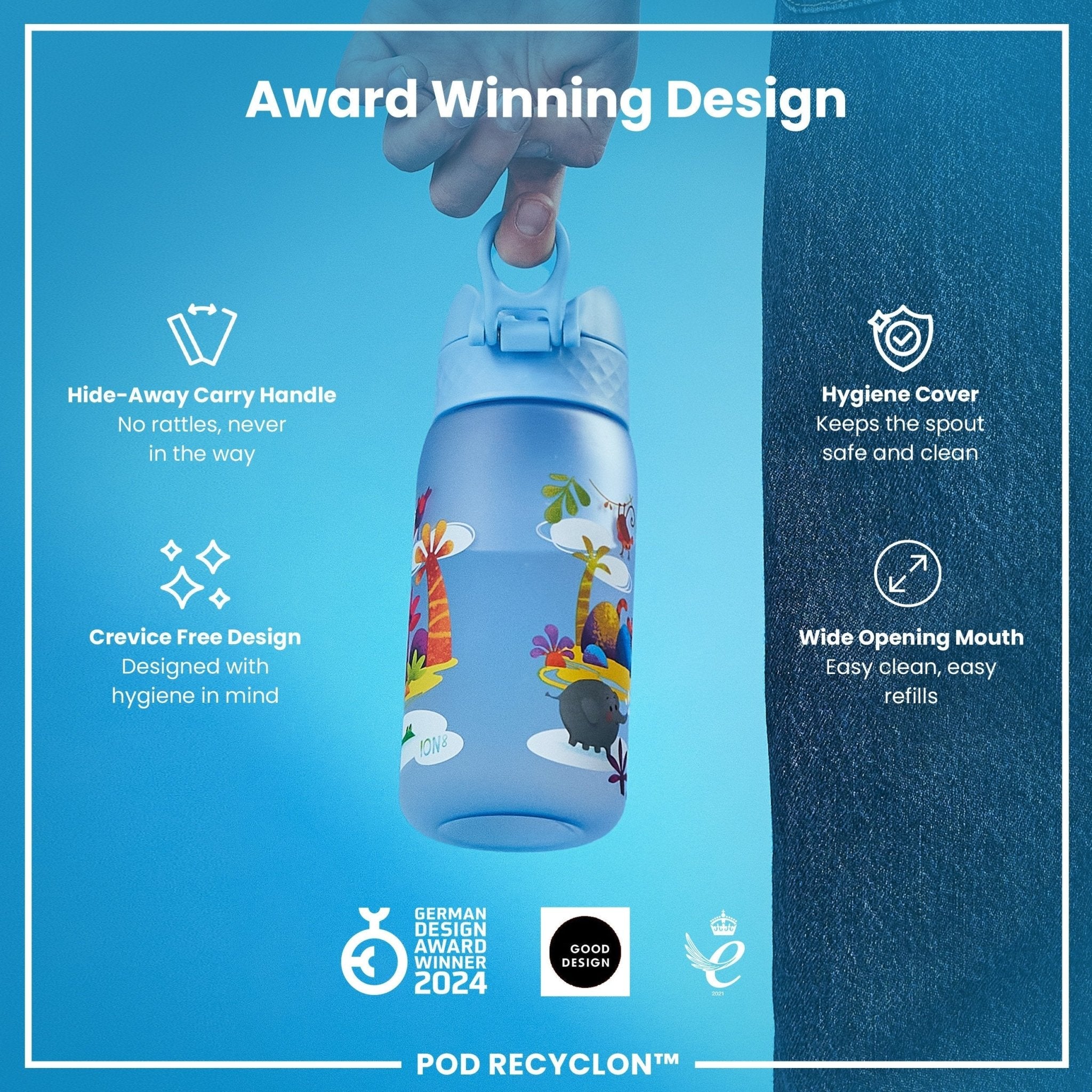 ION8 Recyclon Leak Proof Kids Water Bottle with Safari design, 350ml (12oz), durable and recyclable children's water container