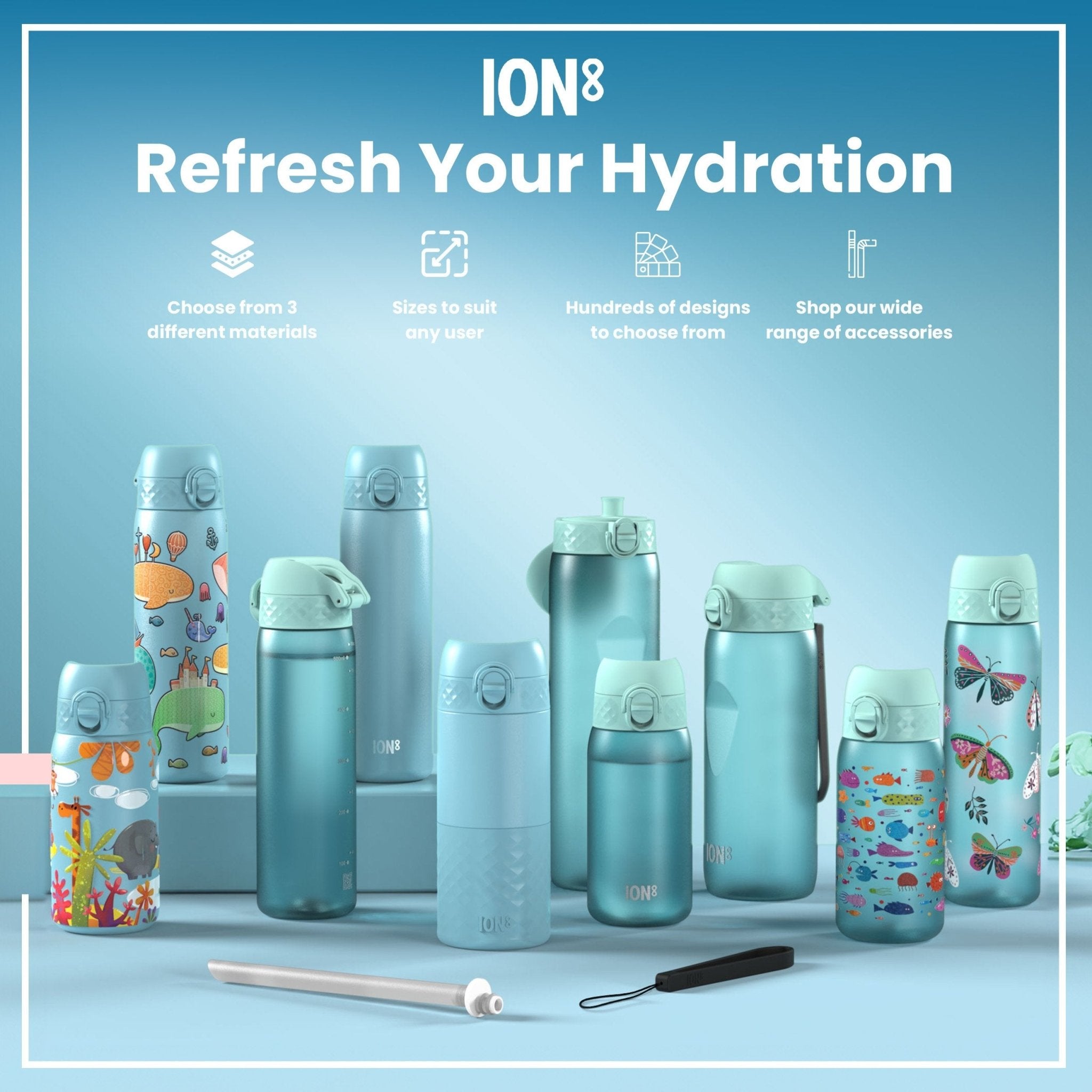 Recyclon leak-proof kids water bottle by ION8 with safari design, 350ml (12oz) capacity, made for durable, spill-free hydration.
