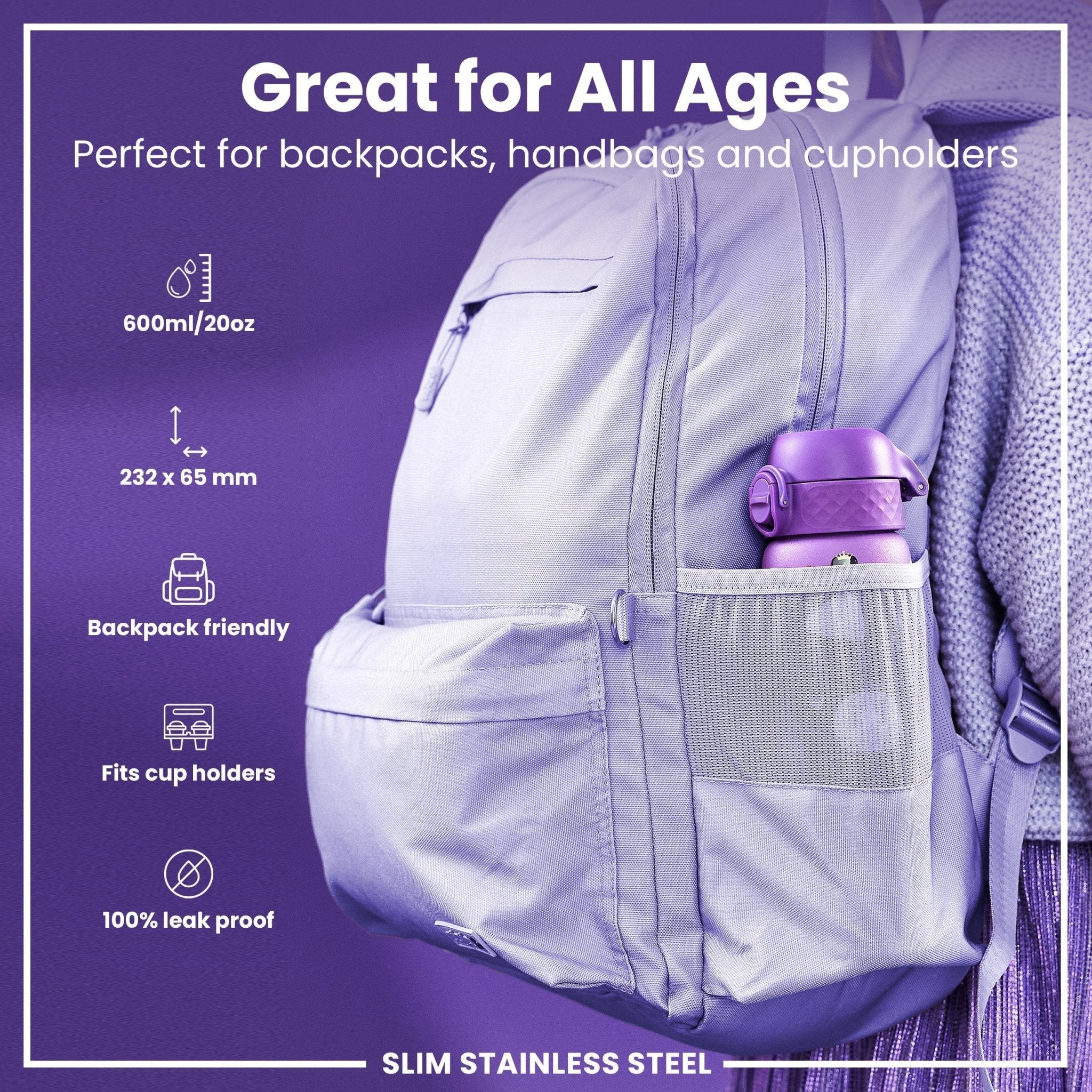 ION8 Leak Proof Slim Stainless Steel Water Bottle, 600ml, Princess design, durable and sleek for daily hydration.