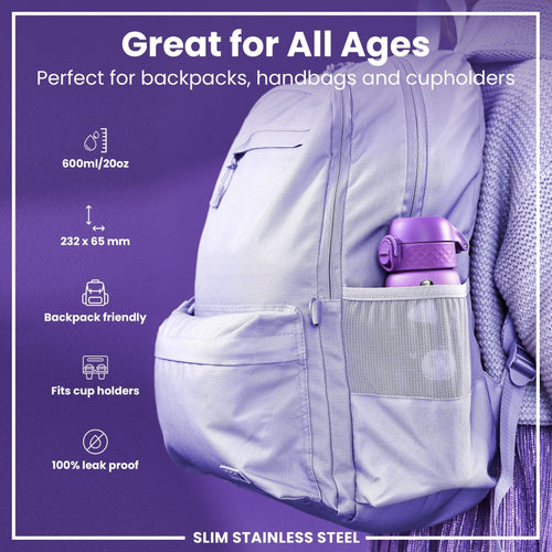 ION8 Leak Proof Slim Stainless Steel Water Bottle, 600ml, Princess design, durable and sleek for daily hydration.