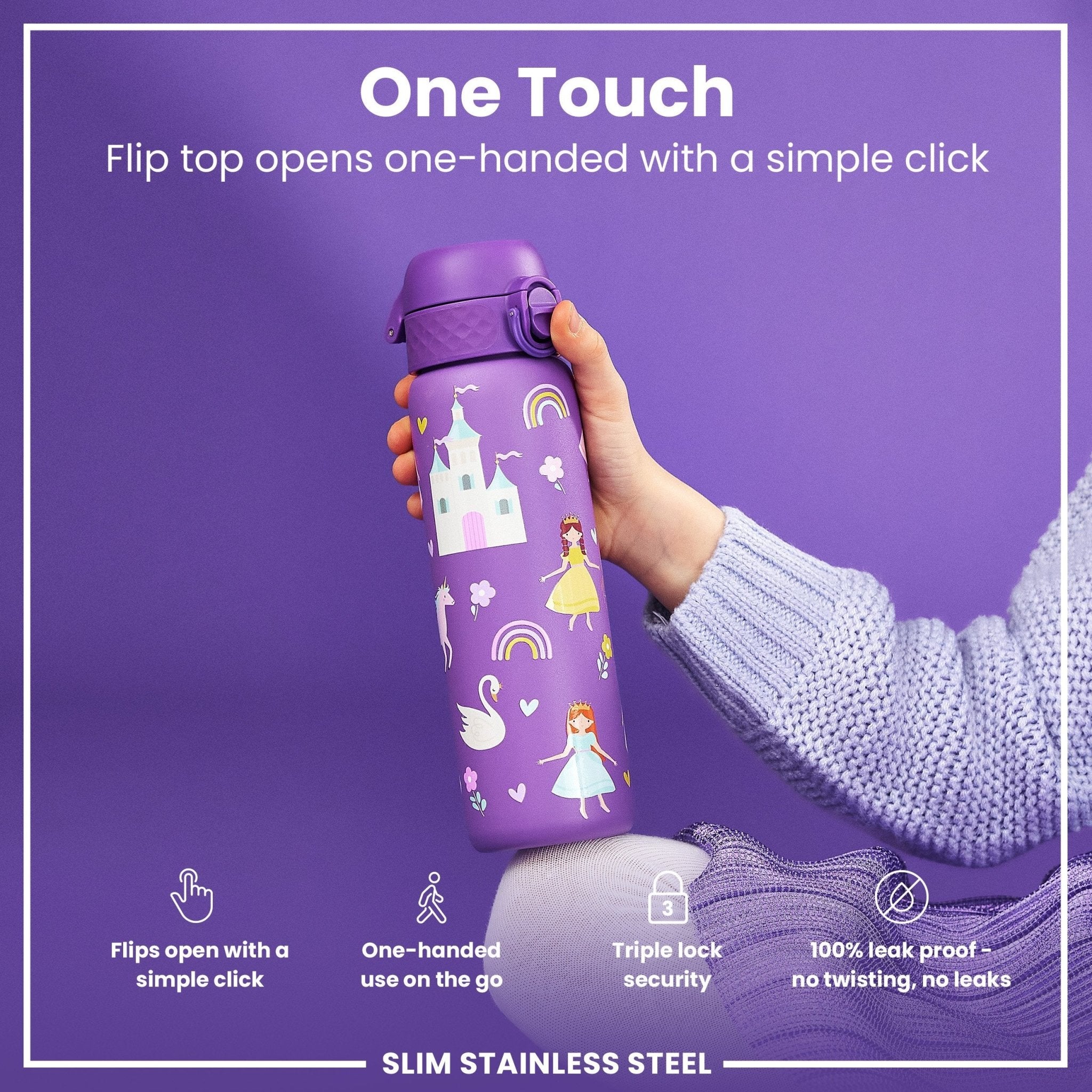 Ion8 leak-proof slim thermal water bottle with princess design, 500ml insulated steel water bottle for hot and cold drinks.
