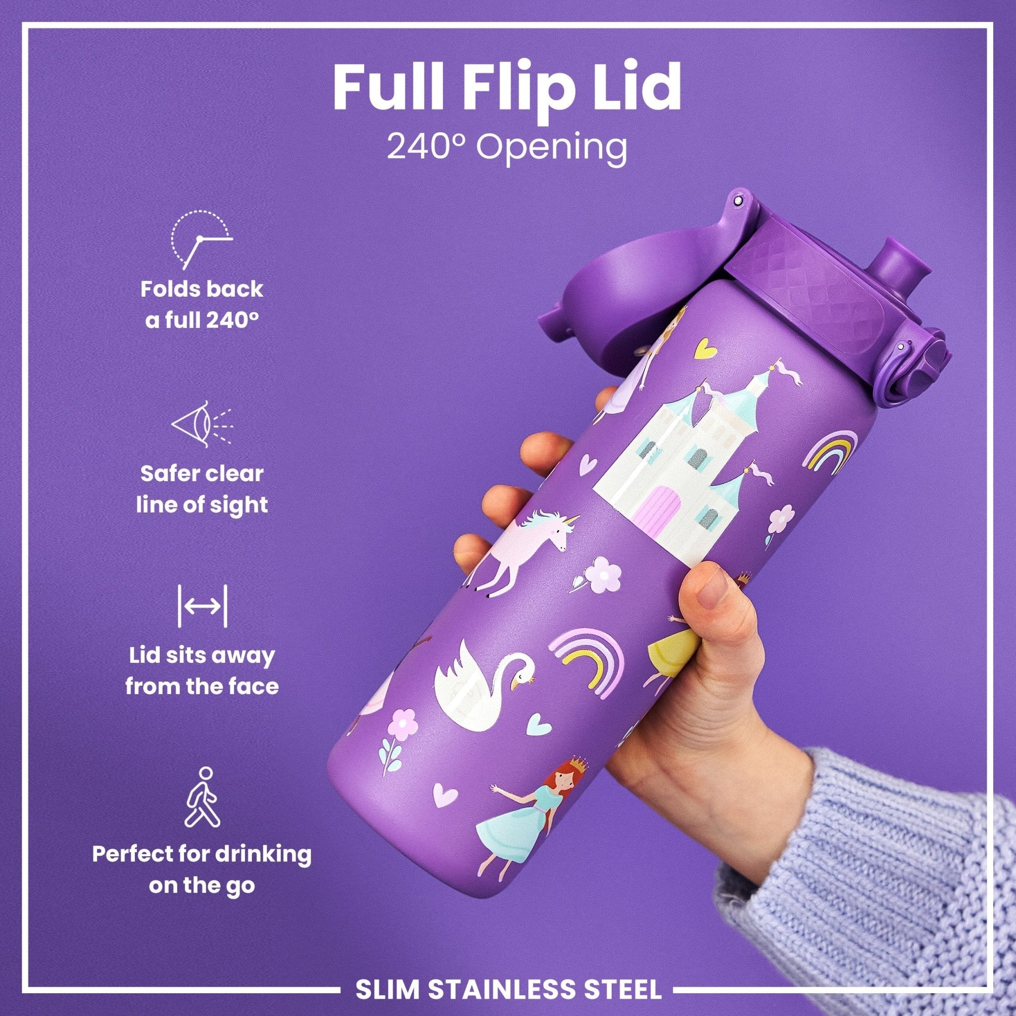 Ion8 leak-proof slim thermal water bottle in princess design, 500ml insulated steel bottle for hot and cold drinks.