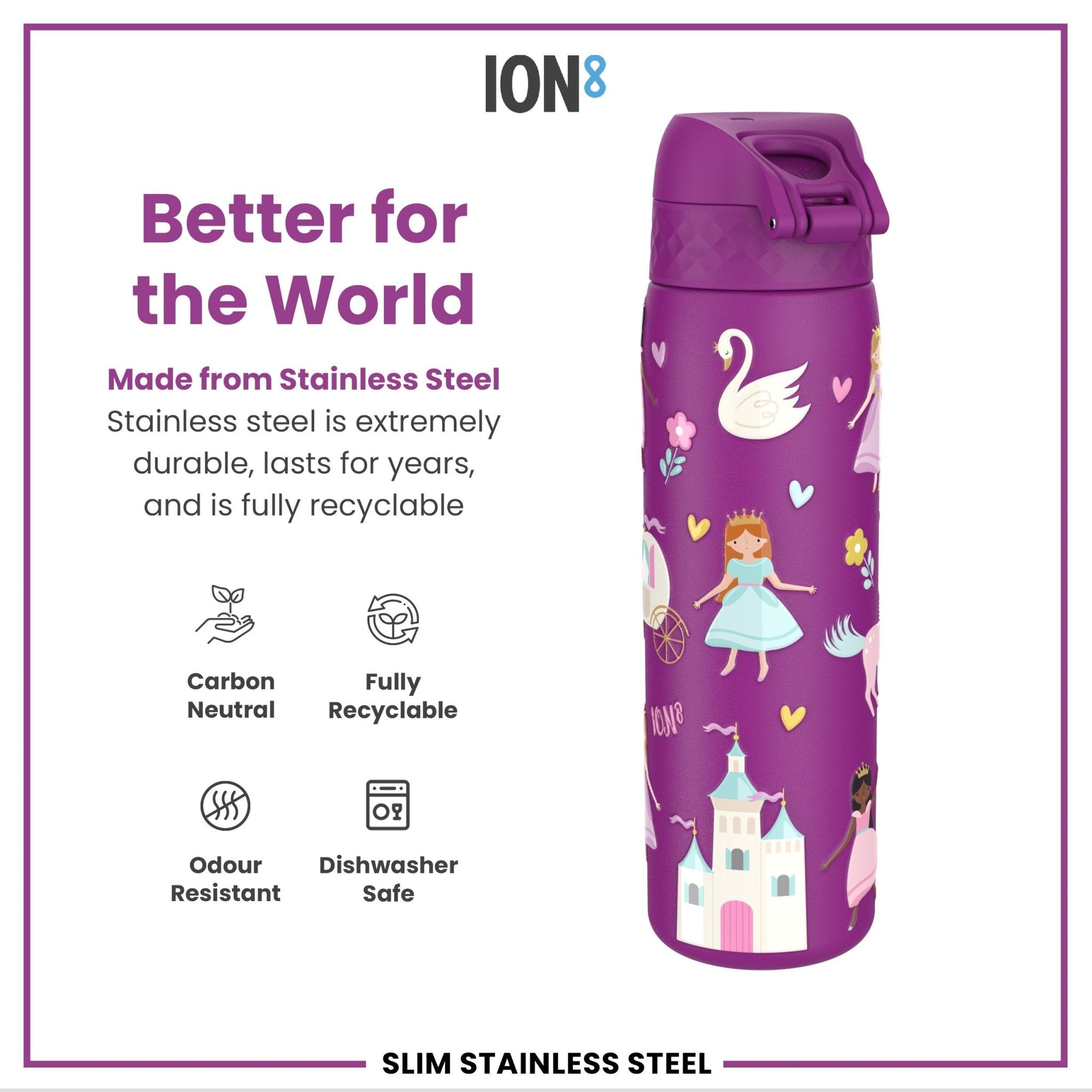 ION8 Princess leak-proof slim thermal water bottle, 500ml insulated steel design with a colorful princess pattern.