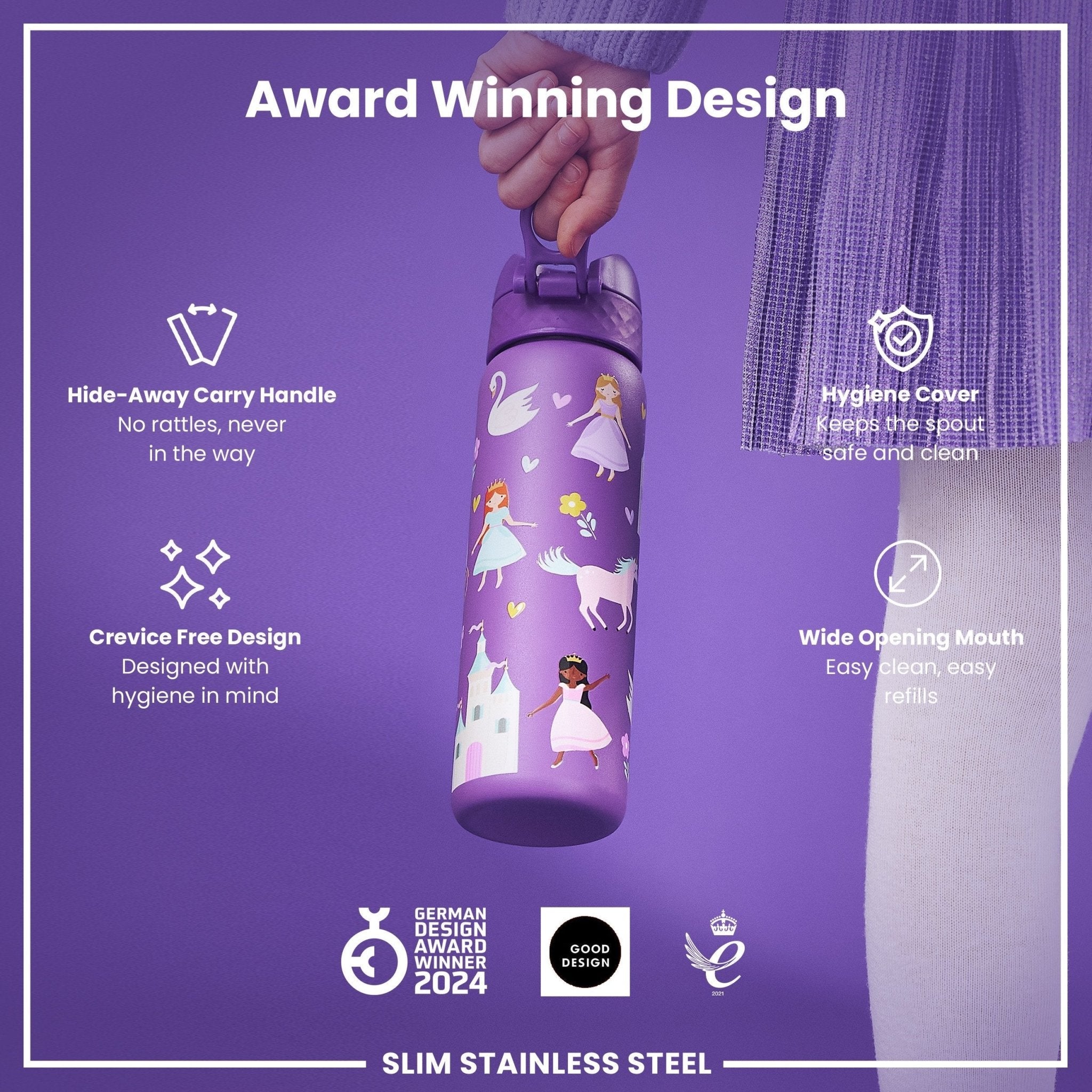 Leak-proof slim thermal water bottle by ION8, insulated steel princess design, 500ml (17oz) for hot and cold beverages.