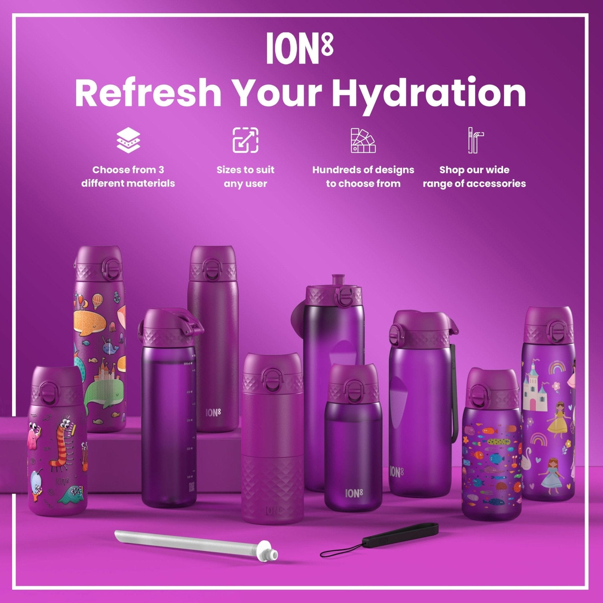 Ion8 leak-proof slim stainless steel water bottle featuring a princess design, 600ml capacity, and durable construction.